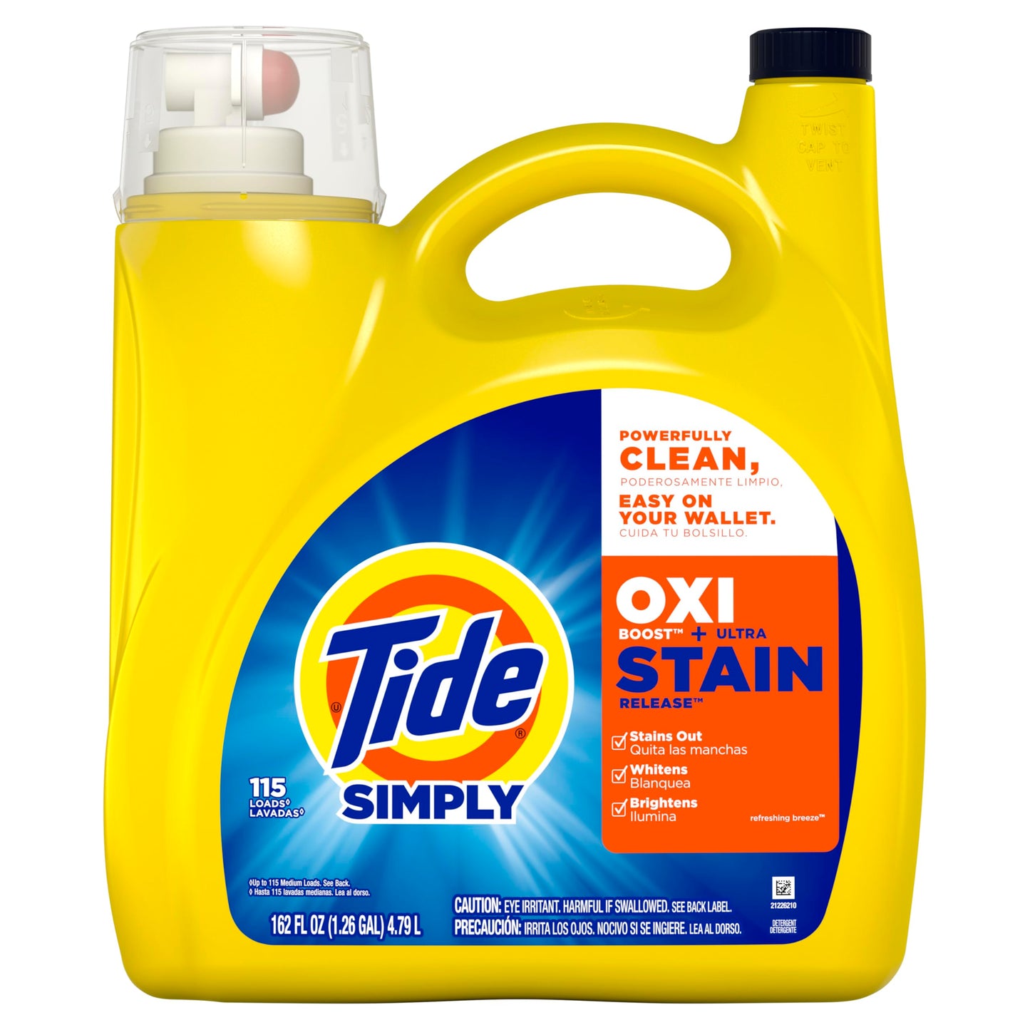 Tide Simply Oxi Boost + Ultra Stain Release, 162 fl oz, 115 Loads, Tough on Stains, Whitens, Brightens, Refreshing Breeze Scent