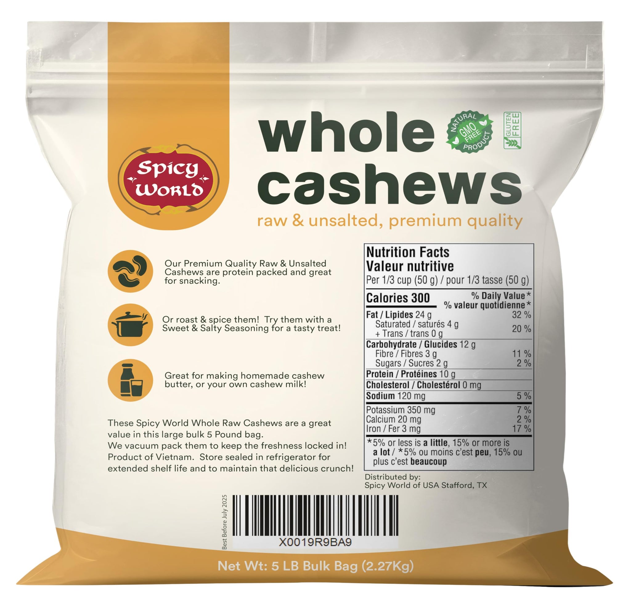 Spicy World Raw Cashews 5 LB (80oz) Bulk - Non-GMO, Gluten Free, Peanut Free, No Additives, Unsalted Natural & Pure Whole Cashews - Great for Pesto