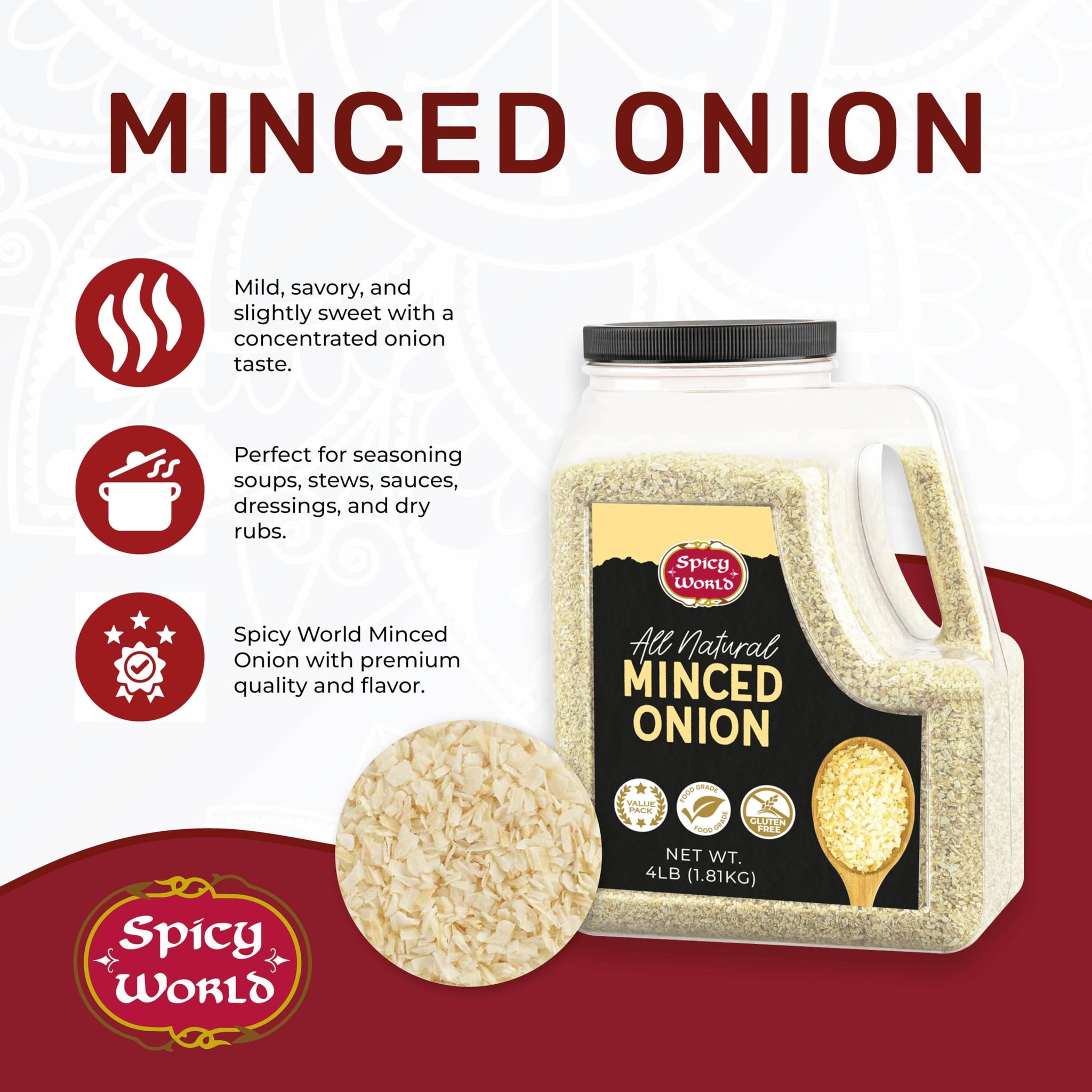 Spicy World Minced Onion 4 LB Jar - Gluten Free, Bulk Dehydrated Chopped Onions for Cooking, Dried Onion Flakes, Non-GMO, Long Shelf Life, Great