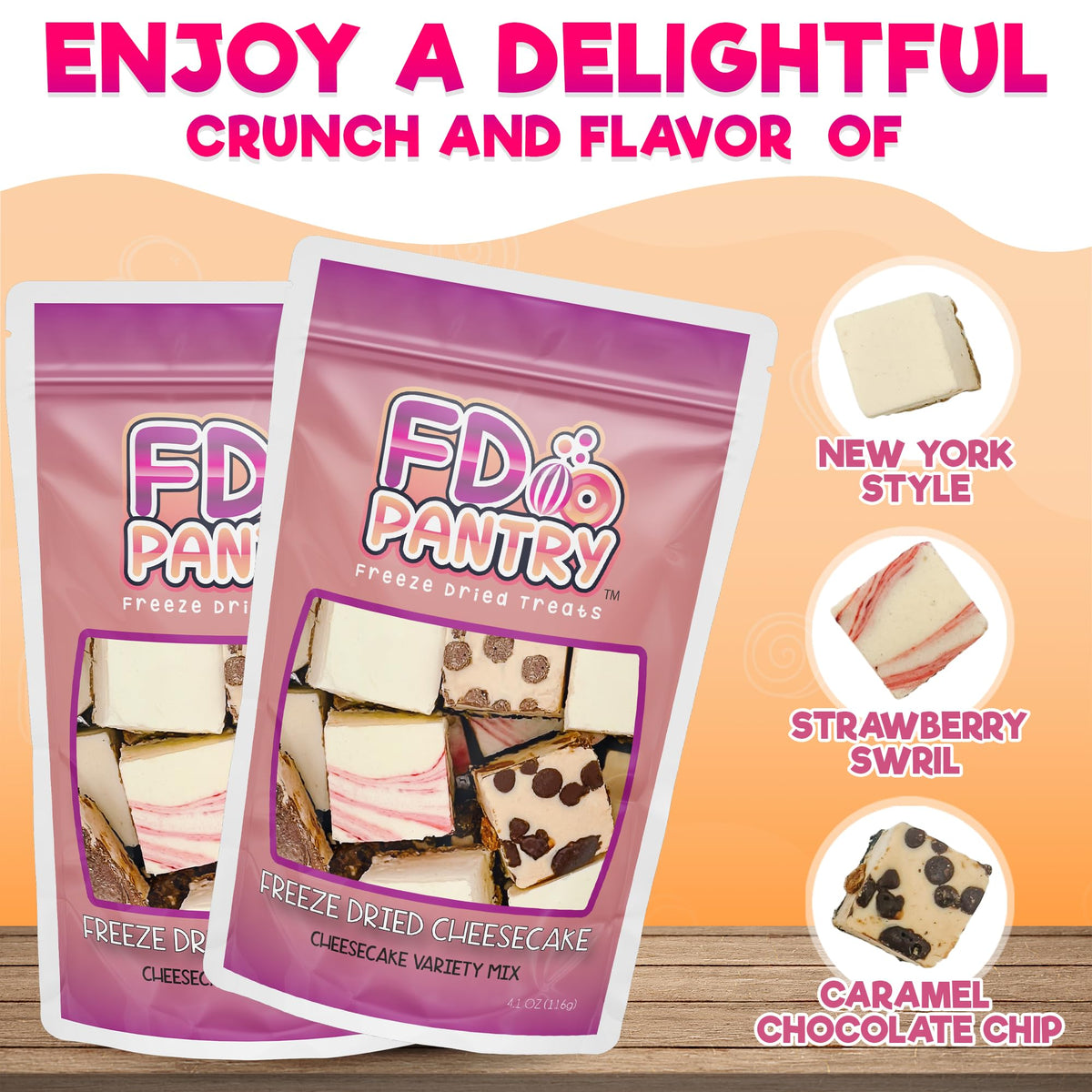 Freeze Dried Cheesecake Bites New York Style 4.1oz (6 Pack) - Caramel, Chocolate Chip and Strawberry Swirl Freeze Dried Dessert - Mini Chocolate