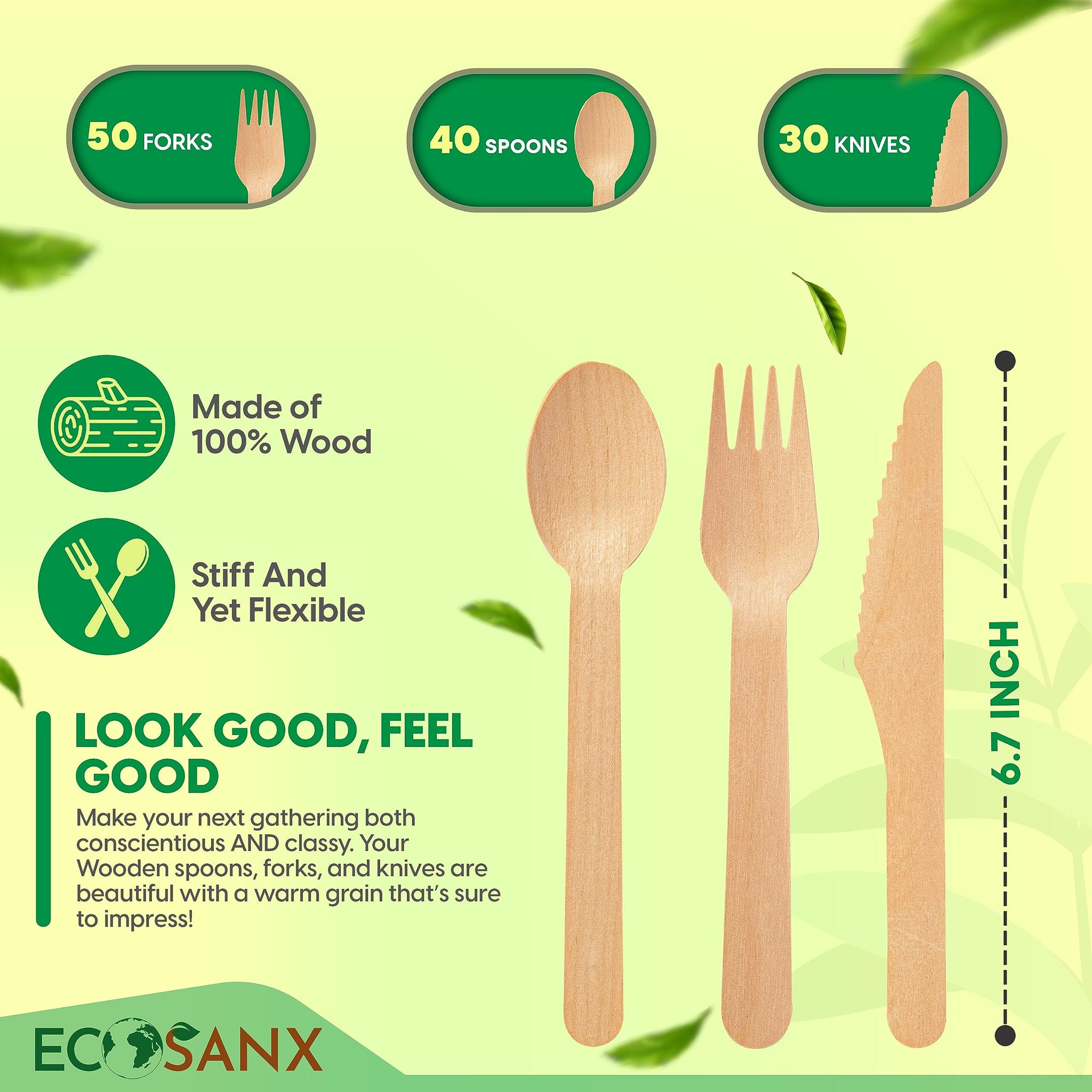 ECOSANX® 120 PCs Disposable Wooden Cutlery set 6.3" Splinter Free Compostable Utensils for party, Eco-Friendly, 100% All-Natural Bamboo Utensils set