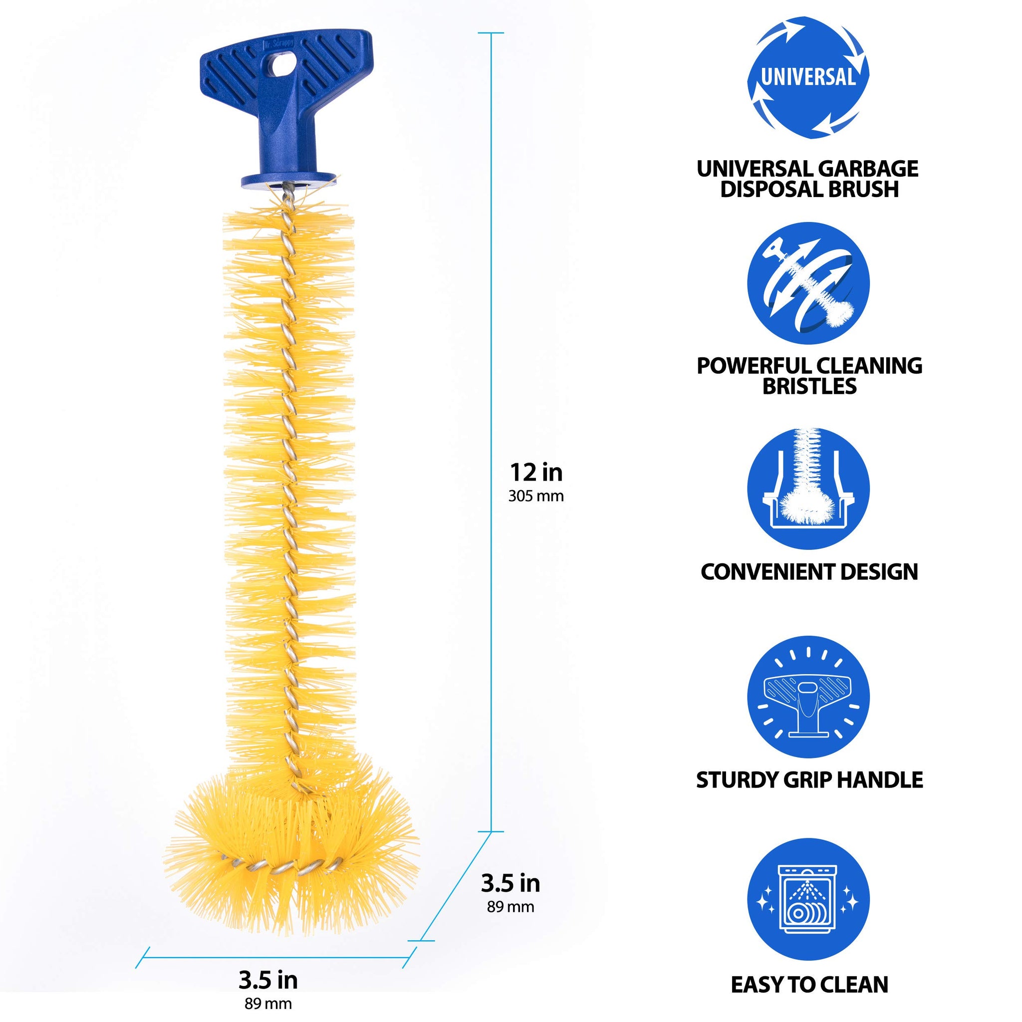 Mr. Scrappy Universal Garbage Disposal Brush, Sturdy Grip Handle, 11-Inches,Yellow