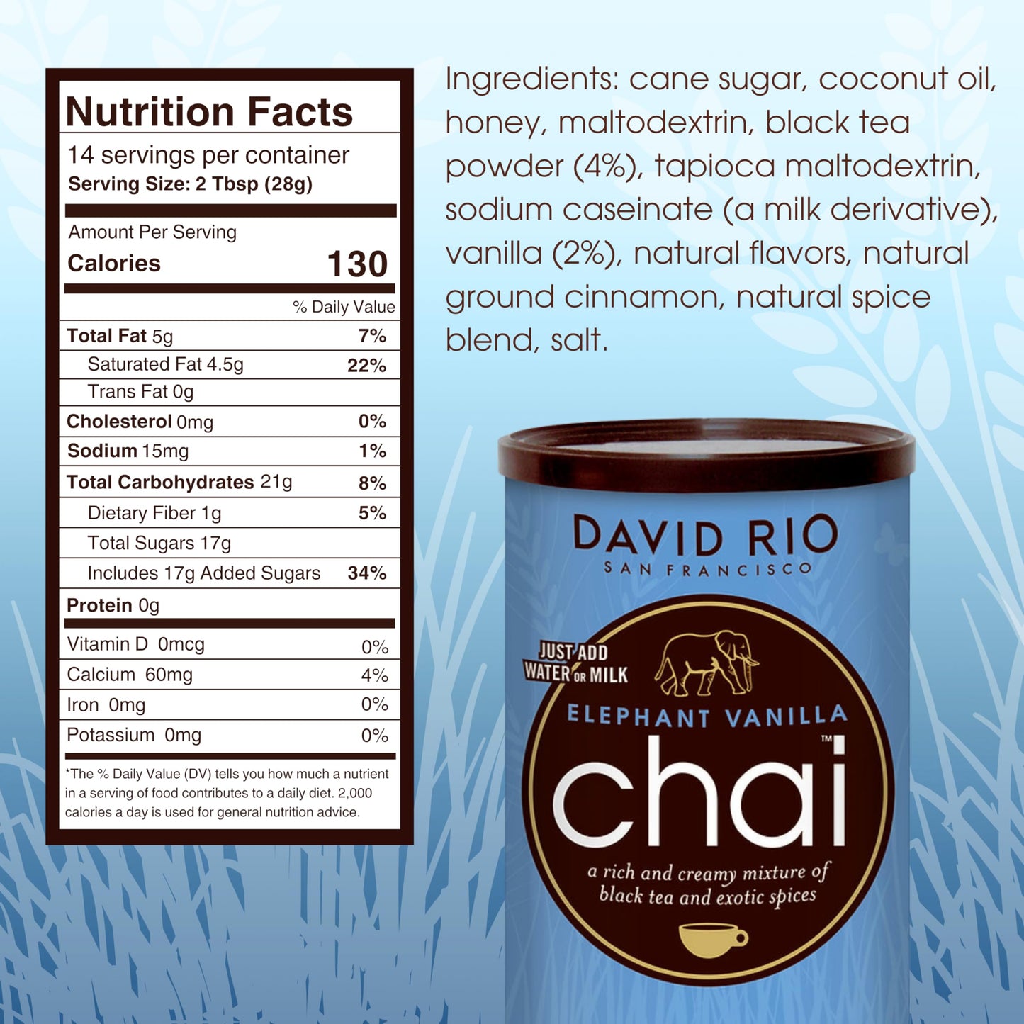 Elephant Vanilla Chai Tea Latte Mix, 14 Oz, Black Tea, Organic Spices, Dairy Free, Serve Hot or Cold, Just Add Water or Milk, 14 Servings