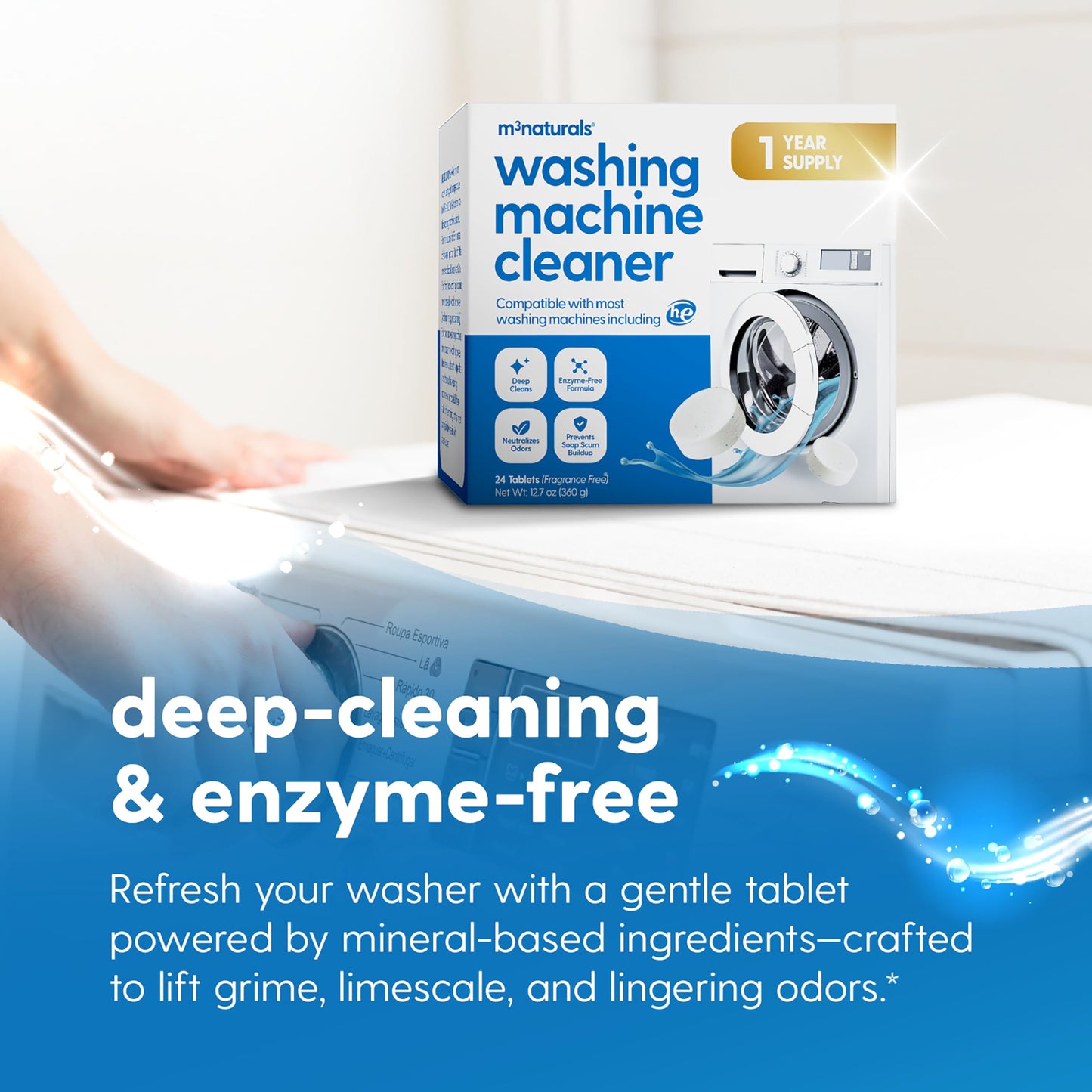 M3 Naturals Washing Machine Cleaner Tablets - Oxygen Based HE Top & Front Load Washer Cleaner and Deodorizer Compatible with LG Whirlpool & Most Major