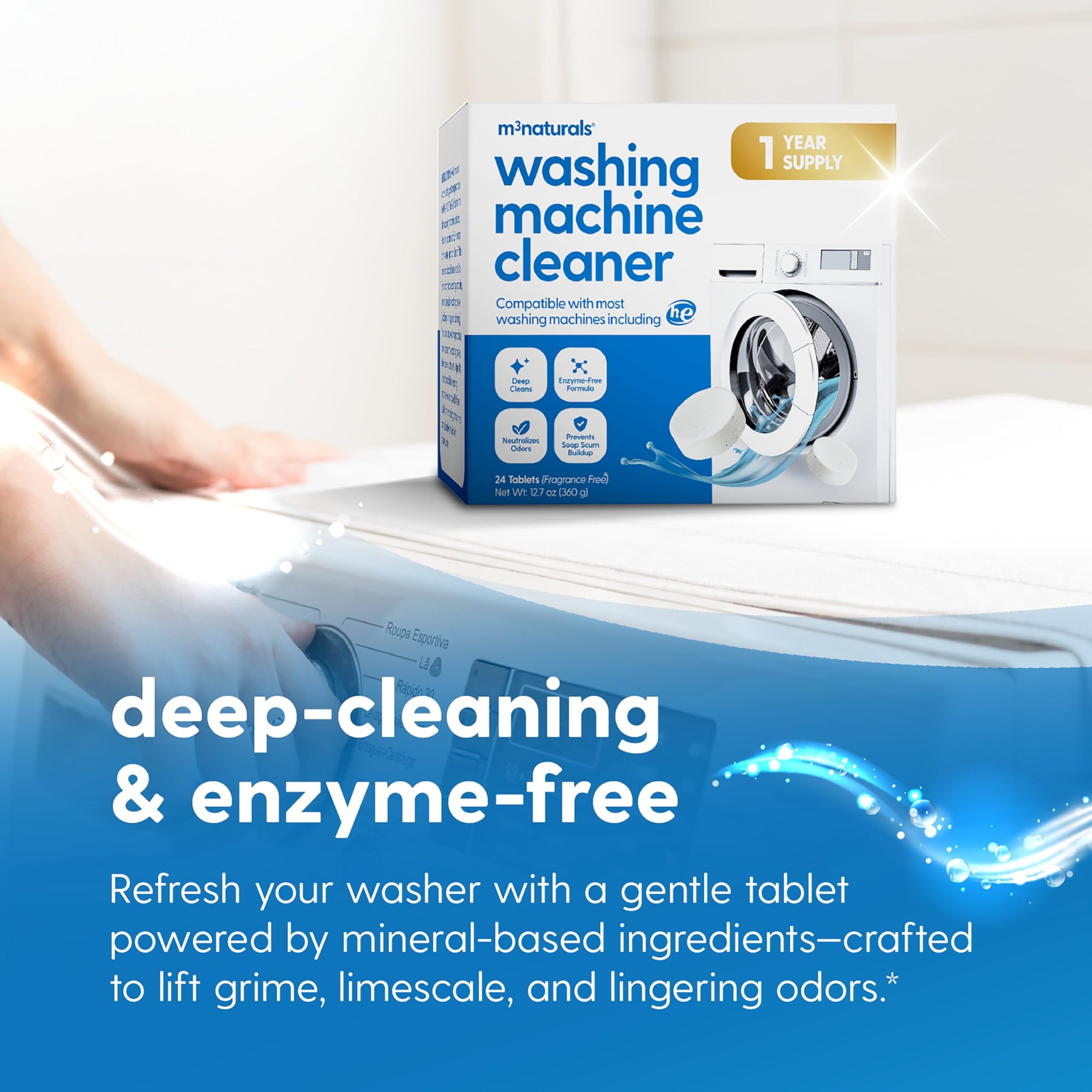 M3 Naturals Washing Machine Cleaner Tablets - Oxygen Based HE Top & Front Load Washer Cleaner and Deodorizer Compatible with LG Whirlpool & Most Major