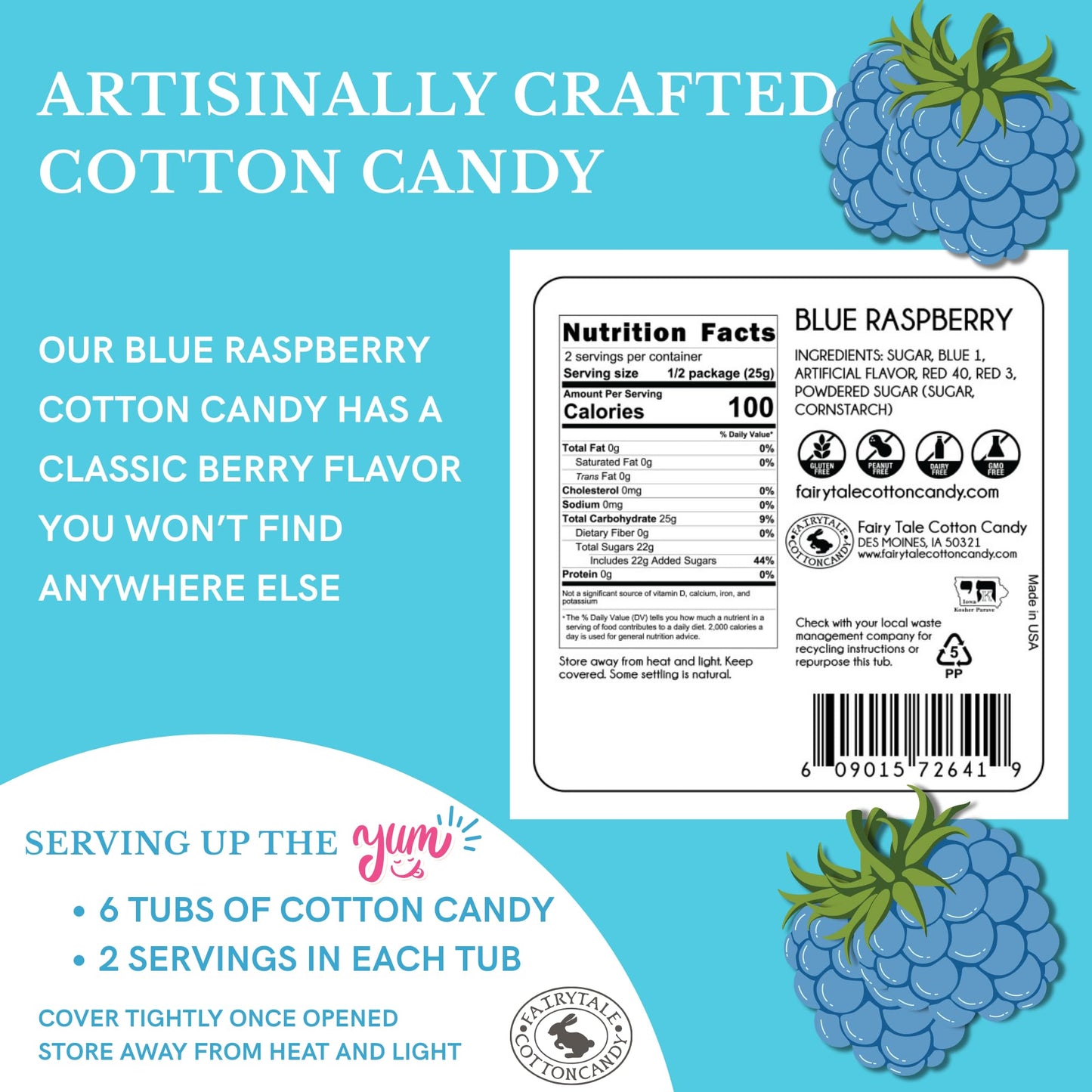CHOCOLATE STORYBOOK Cotton Candy - Unique Idea for Holidays, Birthdays, Gag Gifts, Party Favors (Blue Raspberry, 1.75 oz each, 6-Pack)