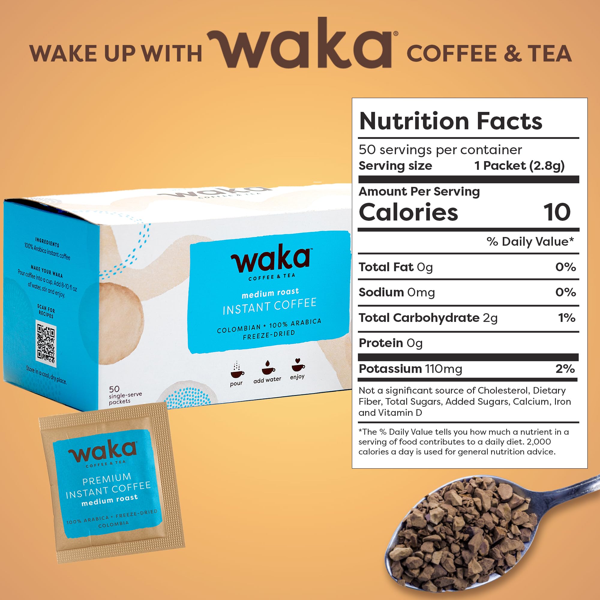 Waka Instant Coffee, Medium Roast - 100% Arabica Colombian Beans, Freeze Dried Granules, No Additives - Single Serve Packets for Quick Hot and Iced