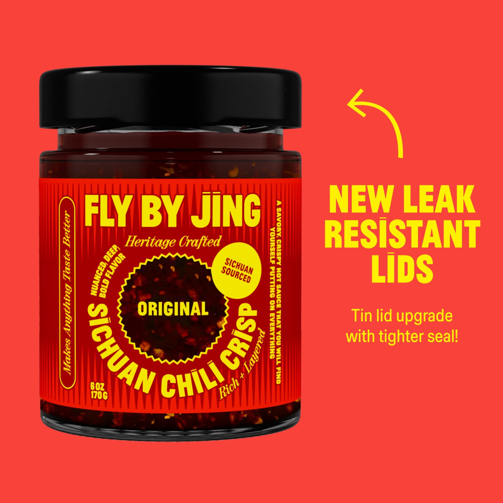 FLYBYJING Original Sichuan Chili Crisp: Premium Chili Oil w/Crunchy Garlic and Shallots - Spicy, Savory, Vegan, Sugar Free Hot Sauce - Good on