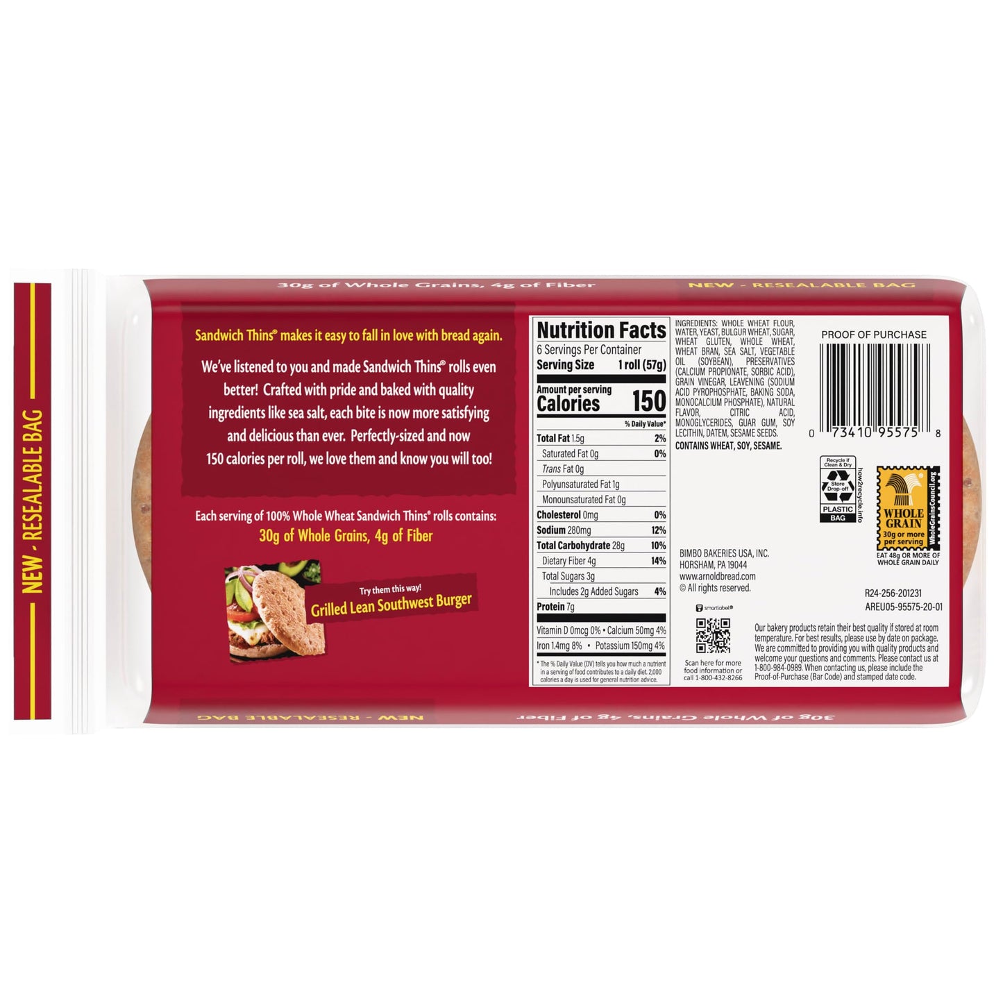 Arnold 100% Whole Wheat Sandwich Thins Rolls, Sandwich Rounds Free From Artificial Colors, Flavors and Preservatives, 6 Sandwich Rolls