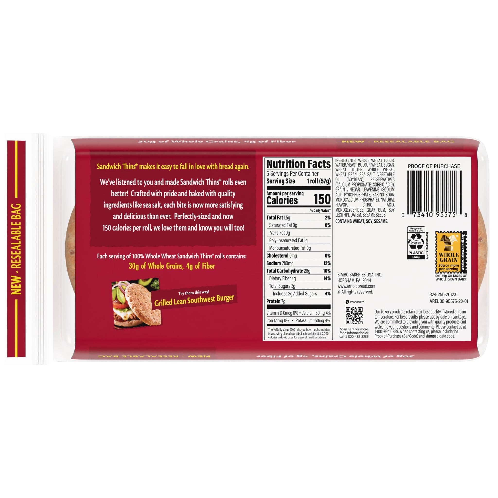Arnold 100% Whole Wheat Sandwich Thins Rolls, Sandwich Rounds Free From Artificial Colors, Flavors and Preservatives, 6 Sandwich Rolls