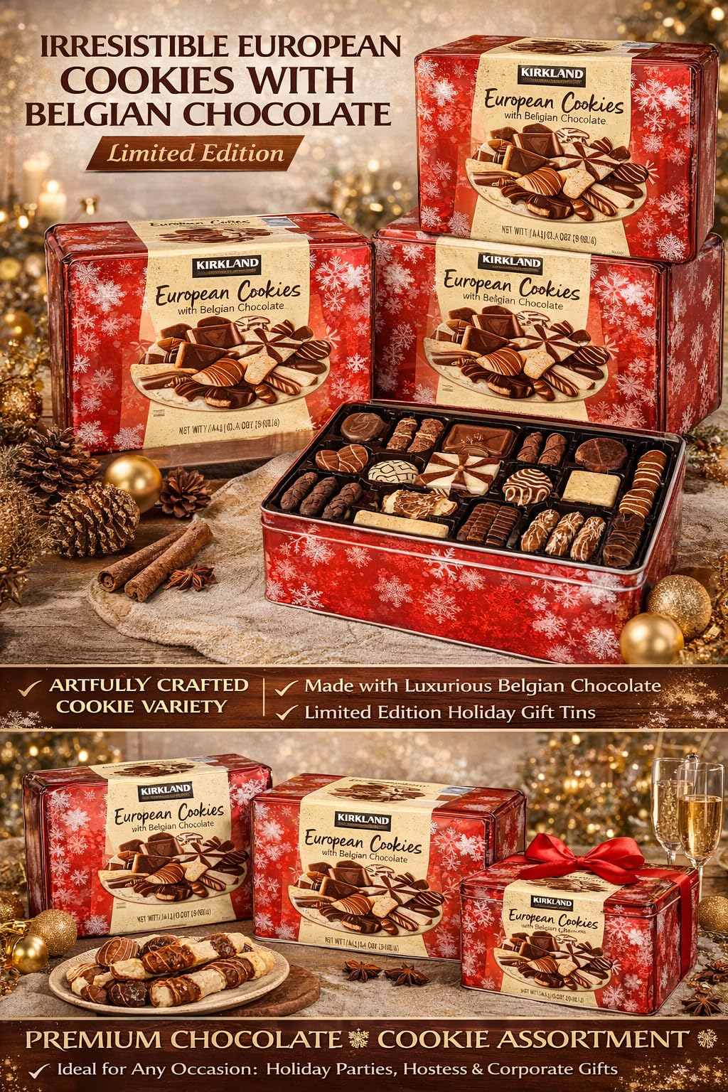 European Cookies LIMITED EDITITON Kirkland Signature with Belgian Chocolate, 49.4 Ounce, 4 Pack
