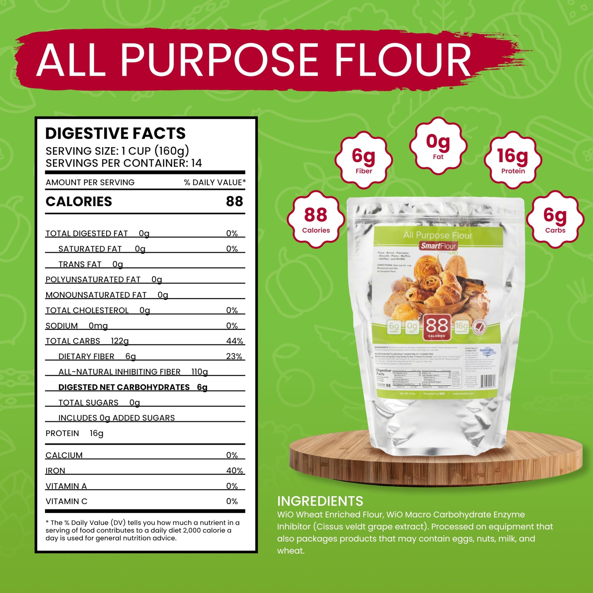 WiO SmartFoods™ All-Purpose Flour, 5-lb. Low-Carb, Fat-Free, Sugar-Free, Flour for Baking, Cooking, and More