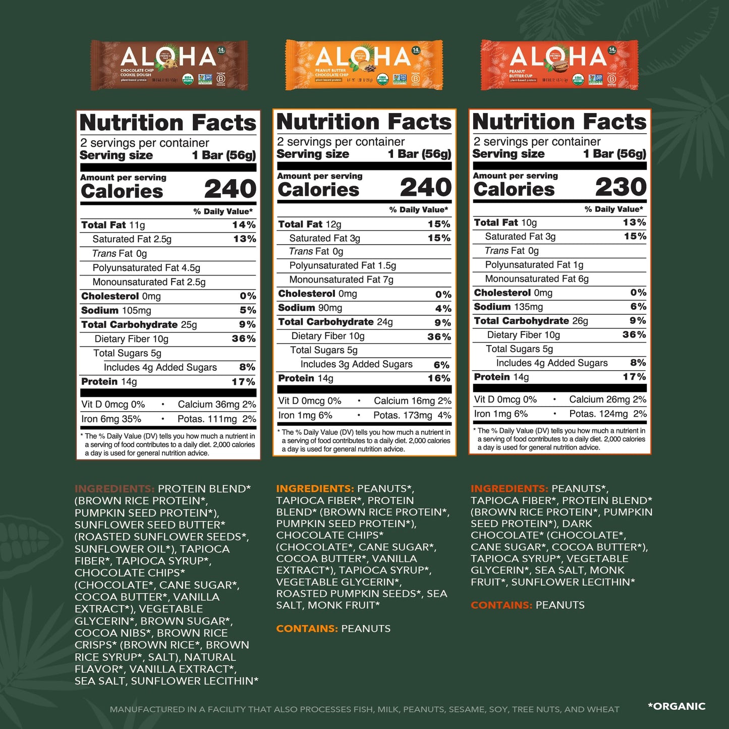 ALOHA Organic Plant Based Protein Bars - 3 Flavor Variety Pack - 12 Count, 1.98oz Bars - Vegan Snacks, Low Sugar, Gluten-Free, Low Carb, Paleo