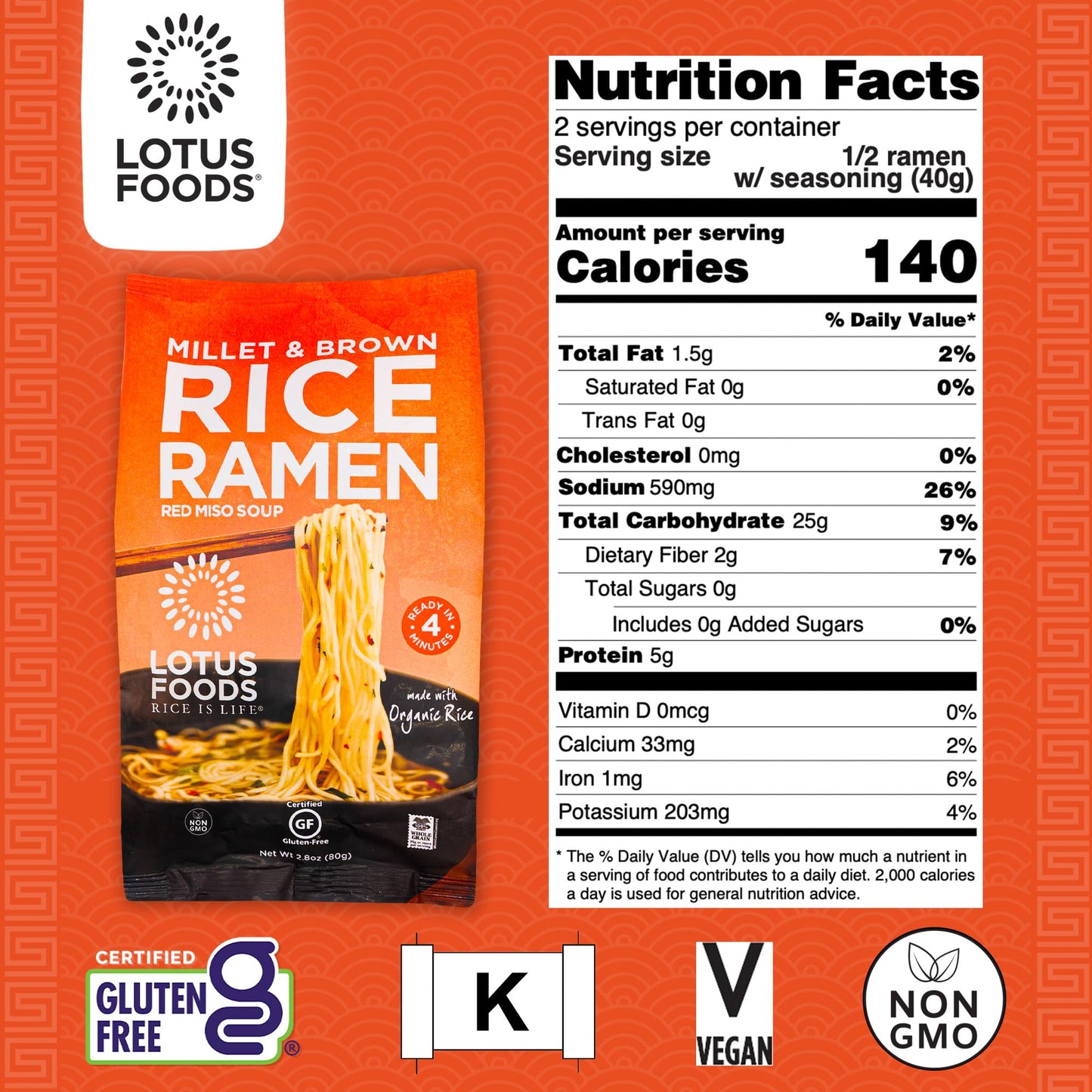 Lotus Foods Bulk Food Organic Millet & Brown Rice Ramen Noodles with Red Miso Soup, Gluten-Free Easy to Cook & Healthy Japanese Noodles with Instant