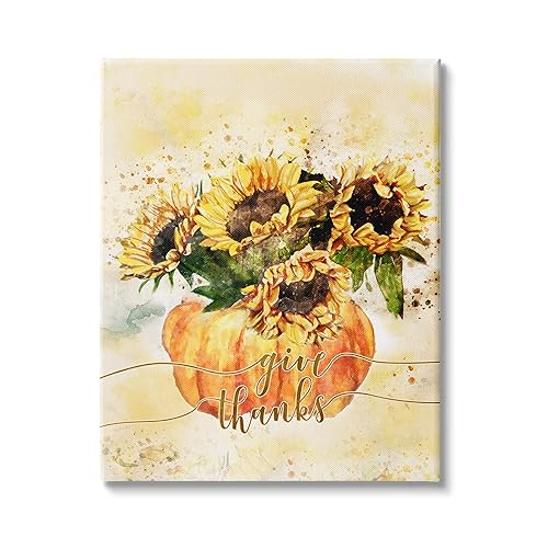 Stupell Industries Give Thanks Phrase Orange Pumpkin Sunflower Floral Burst, Design by Ziwei Li
