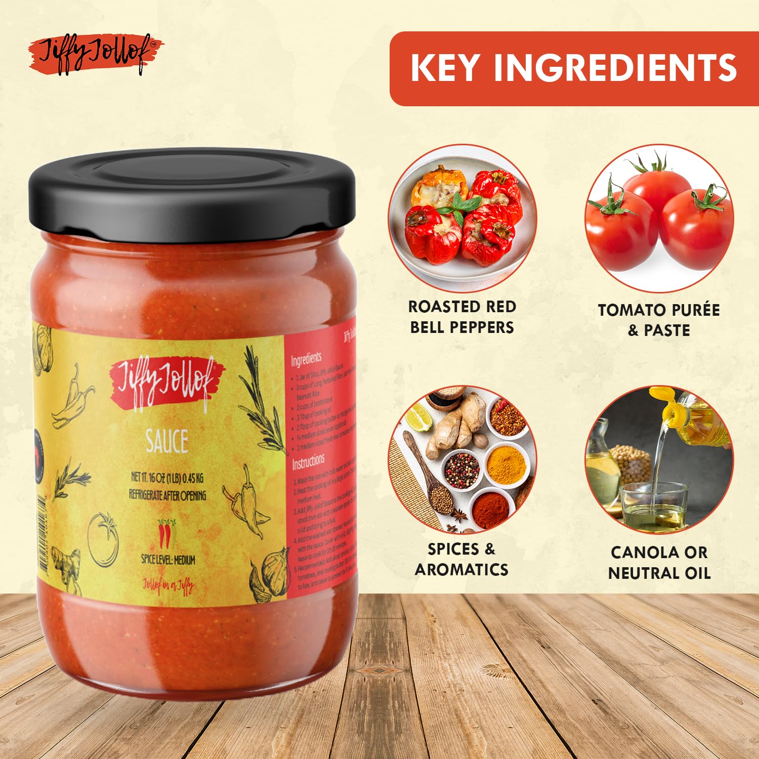 Jiffy Jollof Sauce, Authentic Nigerian Tomato Pepper Blend for One-Pot Meals, Spicy Pasta, Roasted Bell Pepper Stew, Hot Cooking Sauce, 16oz Food Jar