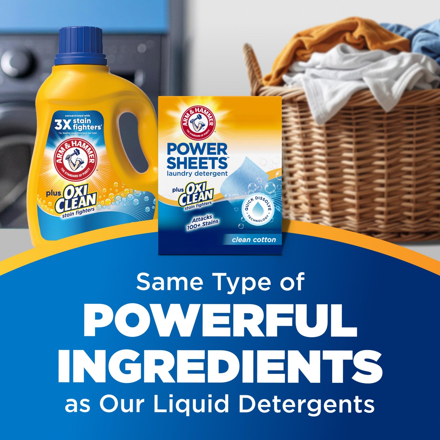 ARM & HAMMER Power Sheets Laundry Detergent Plus OxiClean Stain Fighters, Clean Cotton Scent, 52 Count, 104 Medium Loads