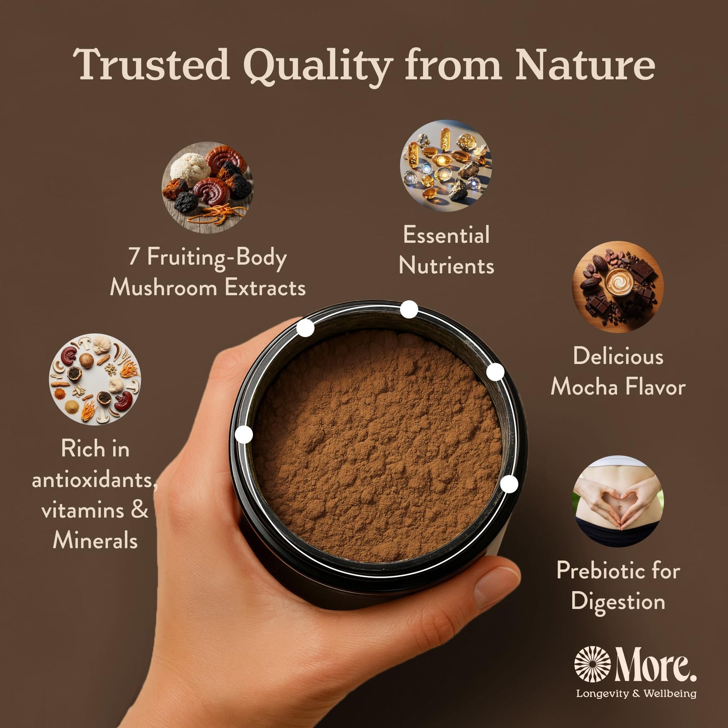 More. Longevity & Wellbeing Premium Mushroom Coffee Superfood - 7 Functional Mushroom Extracts with Lion’s Mane, Reishi, Chaga & Ashwagandha, Instant