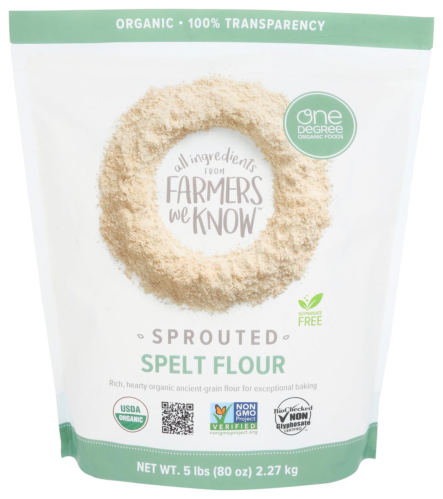 One Degree Organics Sprouted Spelt Flour, Glyphosate-Free, USDA Organic, Whole Grain Baking Flour, High Fiber, Non-GMO, Vegan, Kosher, 80 ounce (Pack