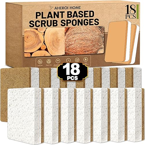Aheroi Natural Dish Sponge, 18 Count FSC Certified Plant-Based Biodegradable Kitchen Sponges for Dishes, Compostable Eco Friendly Sponges, Organic