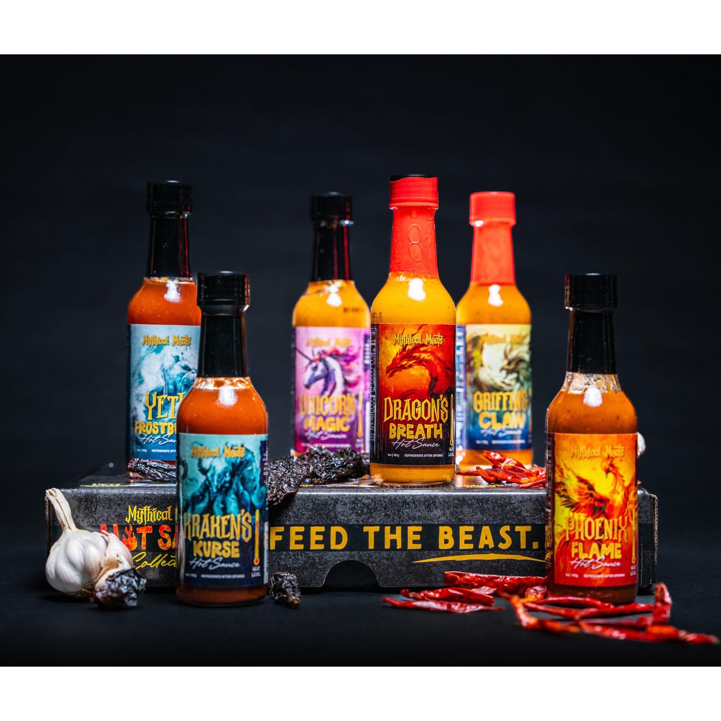 Mythical Meats Hot Sauce 6 Pack Gift Box - Small Batch Made with Natural Ingredients - Gluten Free, Non-GMO - (6) 5 OZ. Bottles