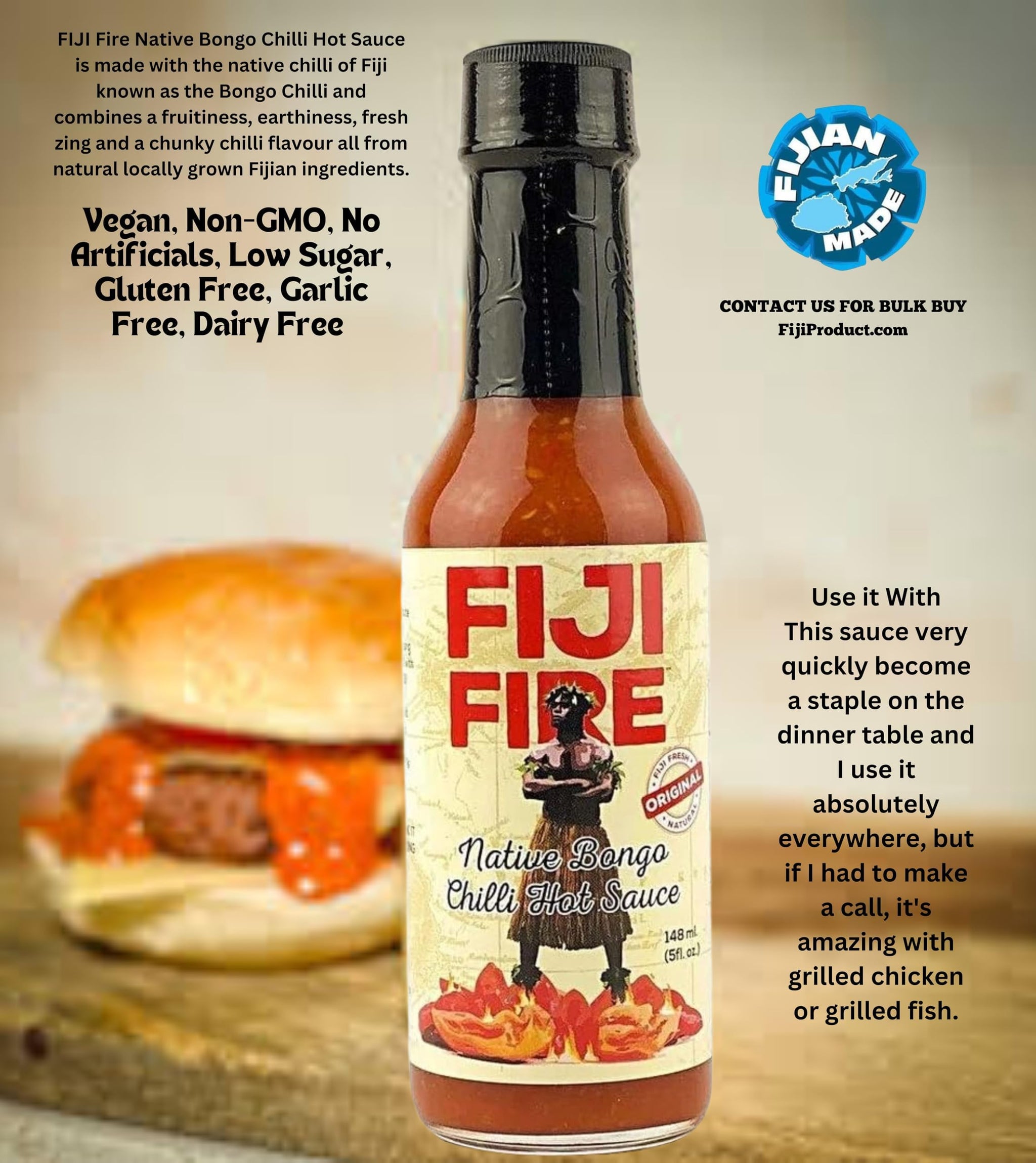 FIJI Fire Chilli HOT Sauce (Value Pack of 1 x 5 Oz Bottle) The Bongo Chilli, a delicious habanero with a sweet and fruity taste, that's native