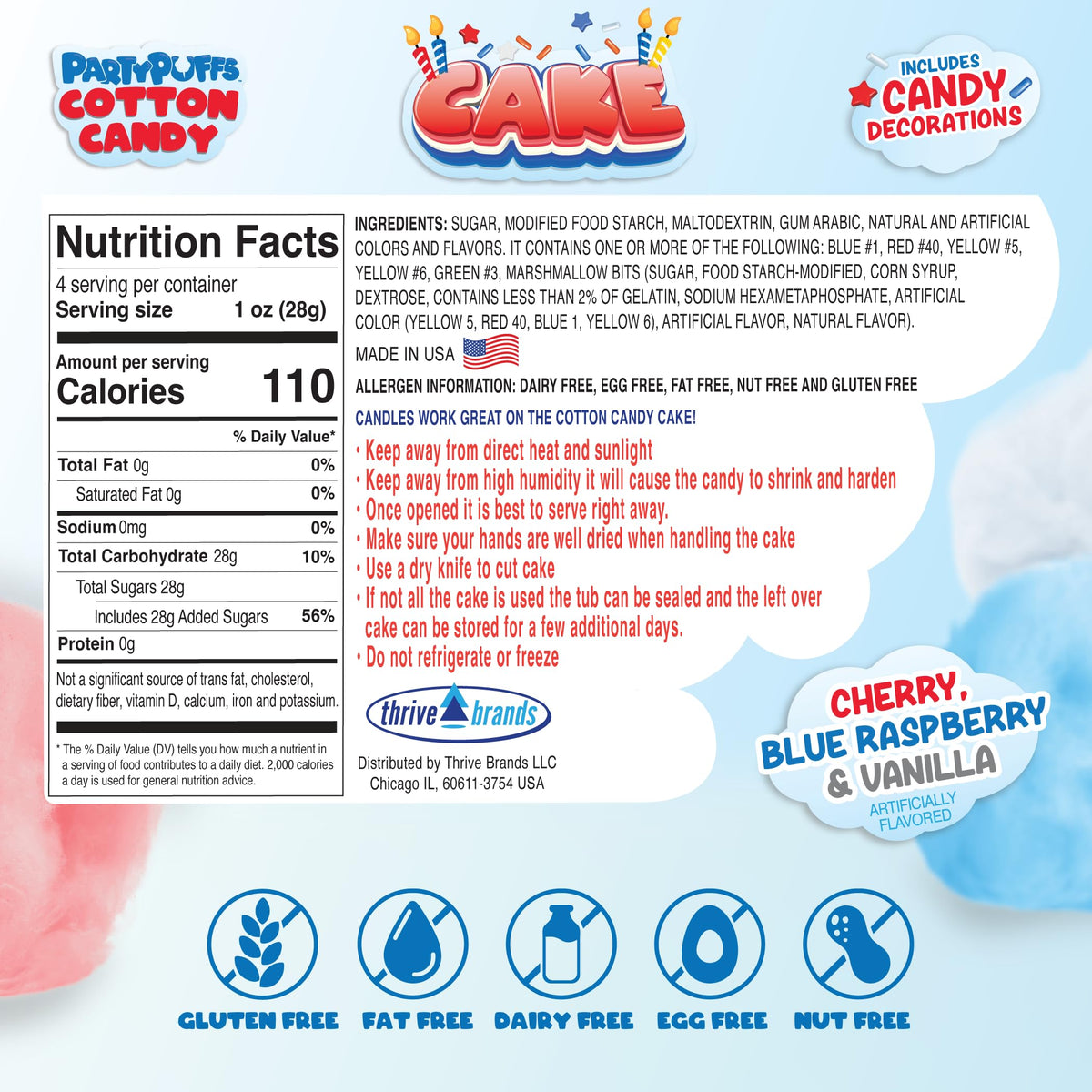 PartyPuffs 4oz Sliceable Cotton Candy Cake Tub - Strawberry Vanilla Blue Raspberry - Ready-to-Serve Gluten-Free Dessert for Kids & Party Favors