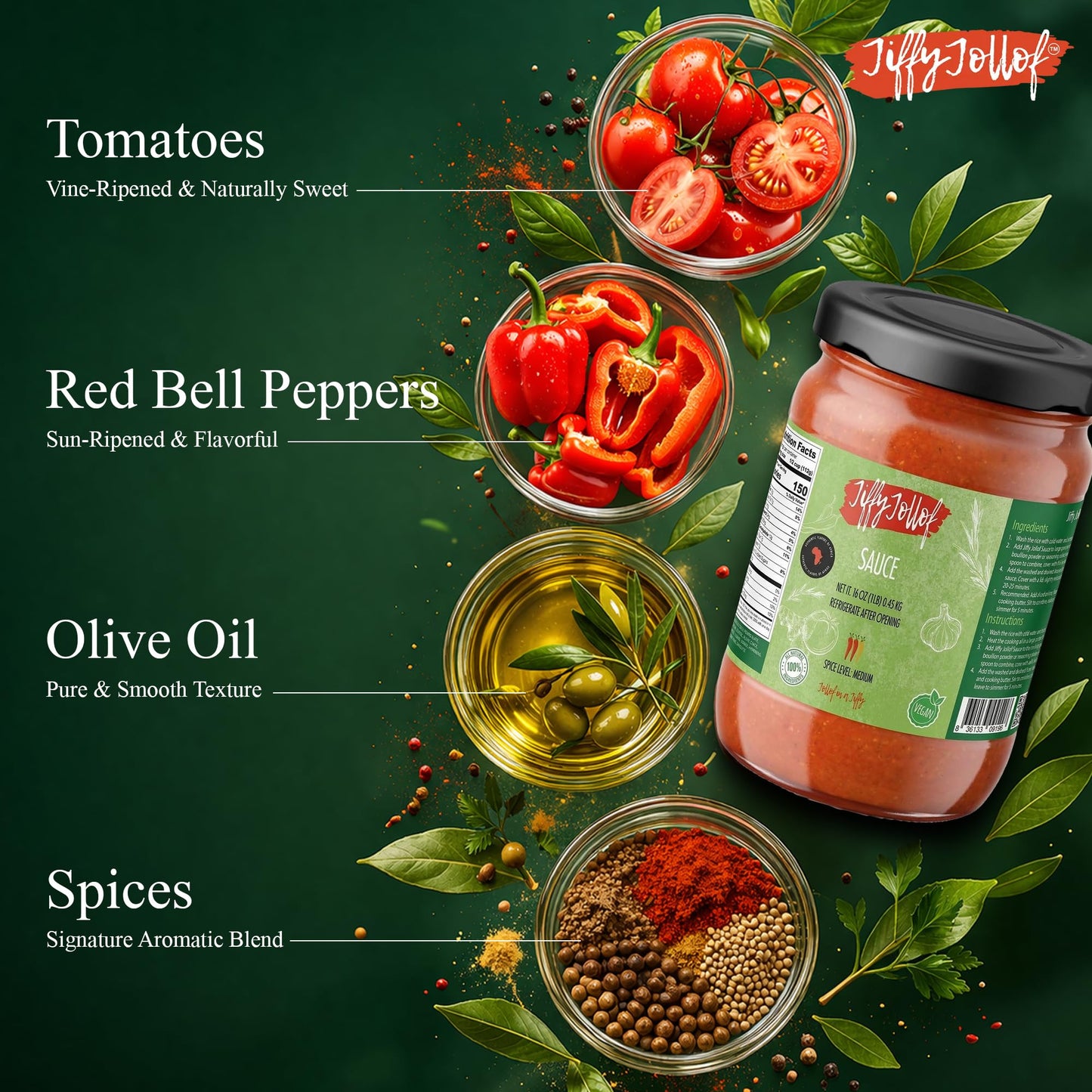 Jiffy Jollof Vegan Sauce, Authentic Nigerian Tomato Pepper Blend for One-Pot Meals, Spicy Pasta, Roasted Bell Pepper Stew, Hot Cooking Sauce, 16oz