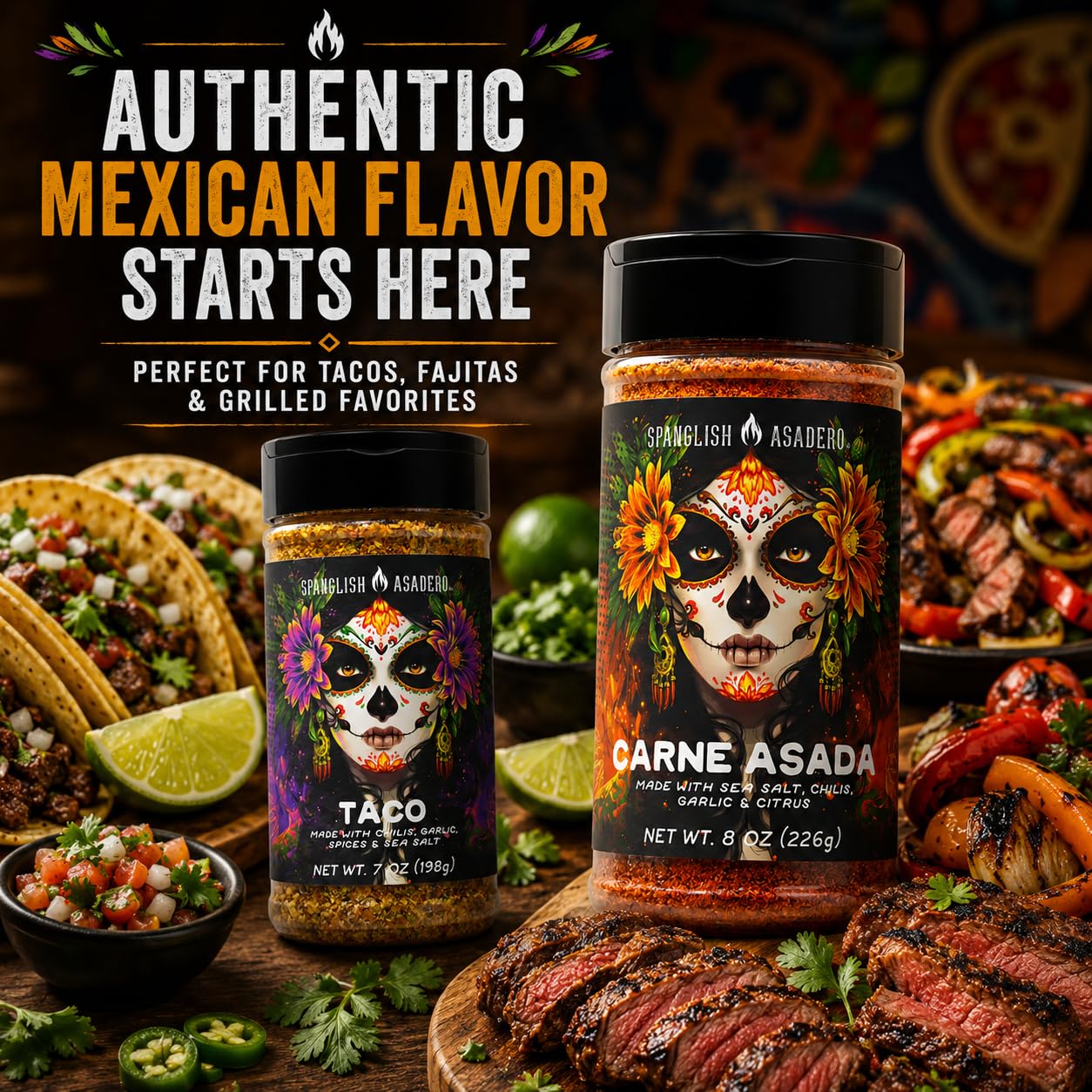 Spanglsh Asdero Taco & Carne Asada Seasoning Variety Pack, Mexican-Inspired Spice Blends for Tacos, Steak, Chicken, Fajitas & Grilling, 2 Bottles, 15