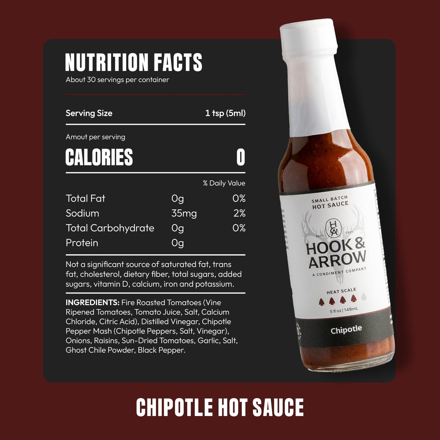 Hook & Arrow Chipotle Ghost Pepper Hot Sauce - Smoky Spicy Hot Pepper Sauce - Gluten-Free, Vegan, Paleo, Low Carb (5 fl oz, 30 servings)