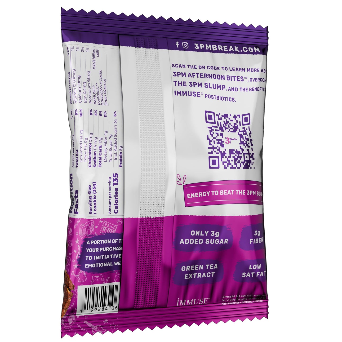 3PM Afternoon Bites Dark Chocolate Almond Functional Cookies, with Postbiotics and 5g of Protein, box of 12 individually wrapped cookies