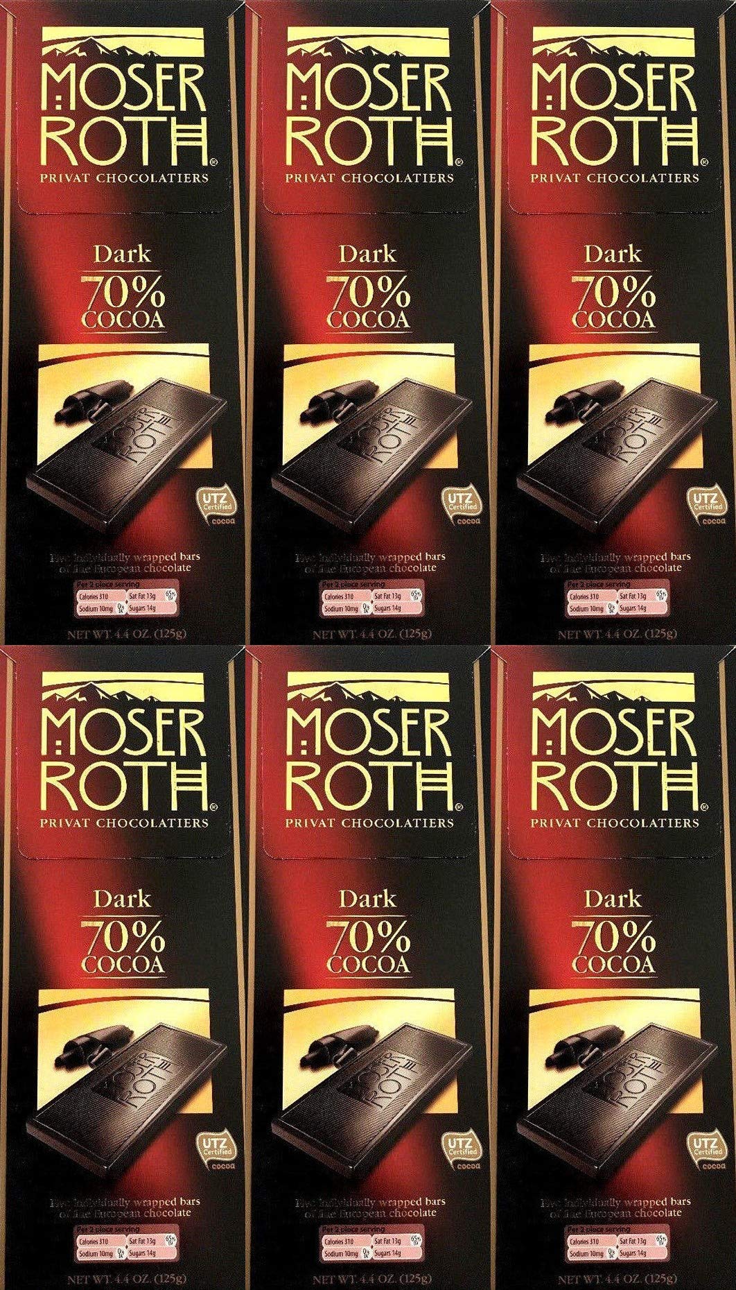 Boxed 6 Pack ~ 70% Cocoa Dark Chocolate ~ Moser Roth Fine German Chocolate Bar (s) ~ With Bonus Sample!