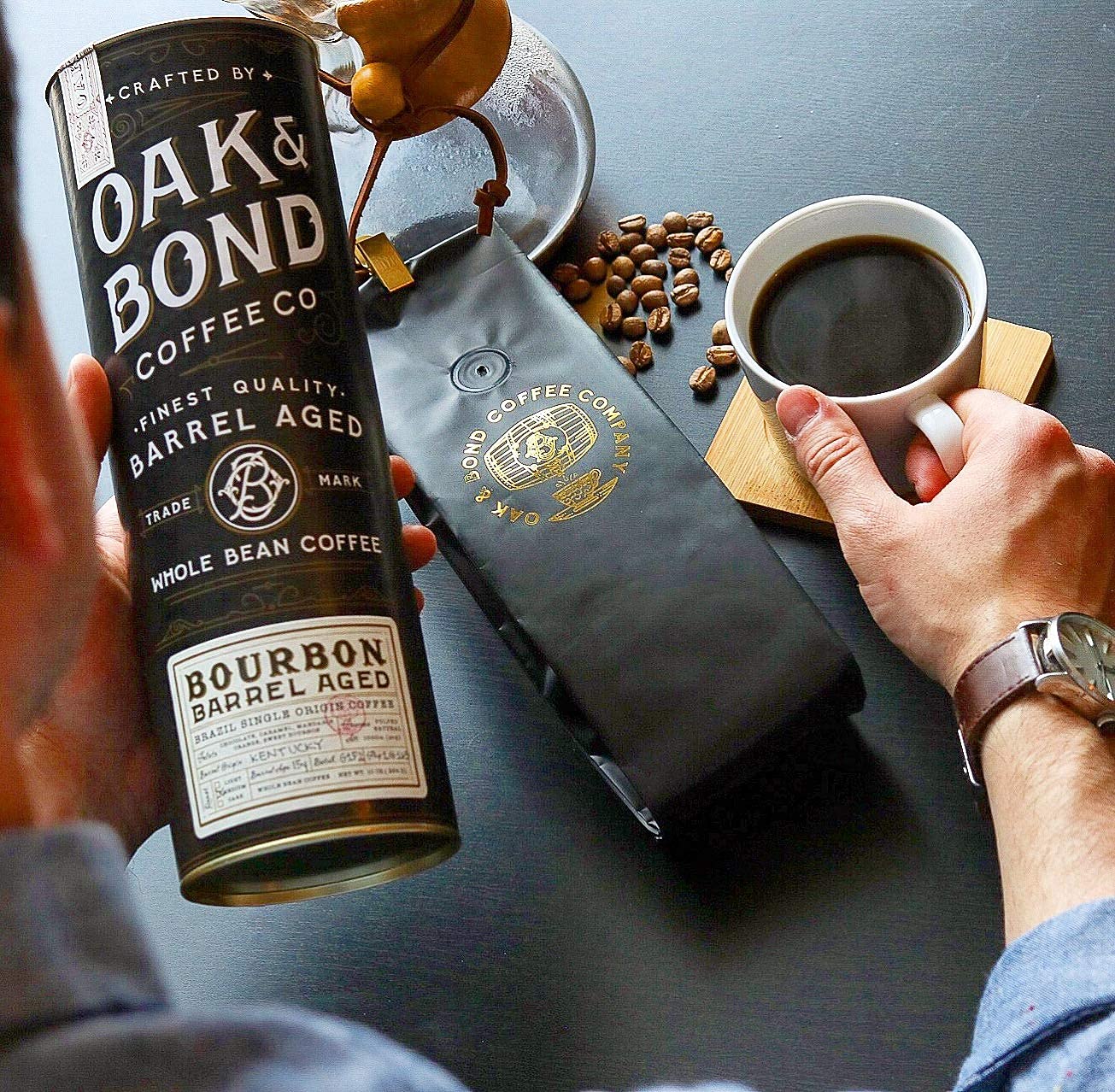 Oak & Bond Coffee Co. Bourbon Barrel Aged Coffee, Brazil Single Origin Whole Bean, Medium Roast - Chocolate, Caramel, Mandarin Orange, Sweet Bourbon