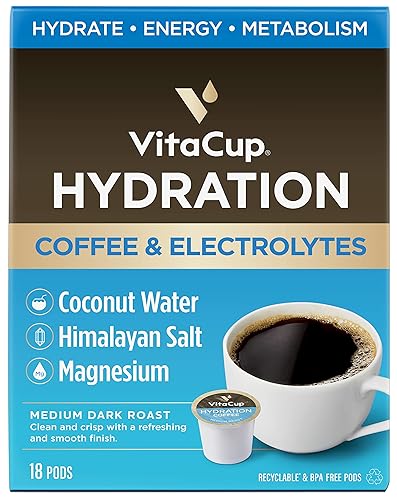 VitaCup Hydration Coffee Pods, The First Coffee That Hydrates You w/Electrolytes, Coconut Water, Pink Himalayan Salt, Magnesium, Medium Roast,Single