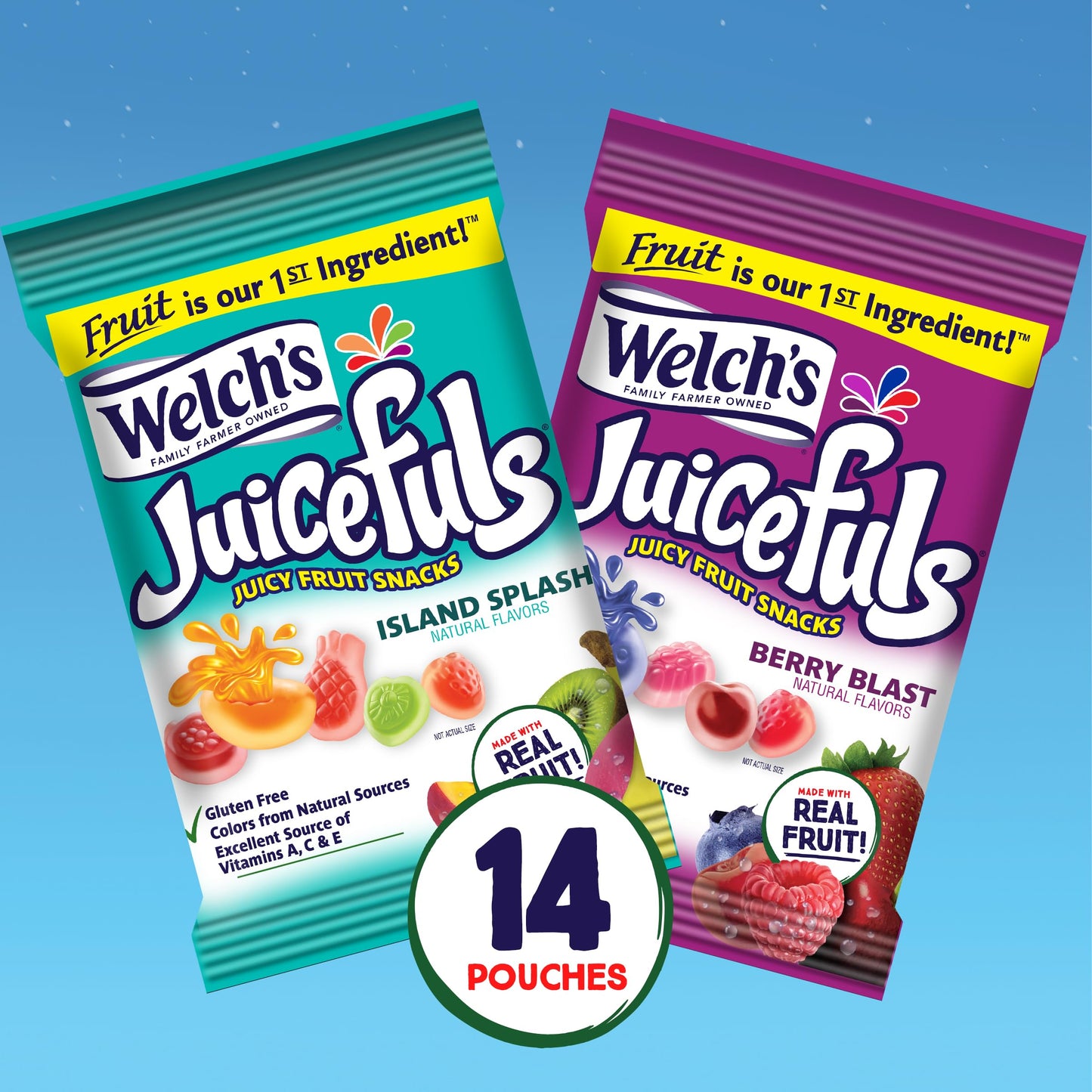 Welch's Juicefuls Juicy Fruit Snacks, Berry Blast & Island Splash, Fruit Gushers, Bulk Pack, Individual Single Serve Bags, 1 oz (Pack of 14)