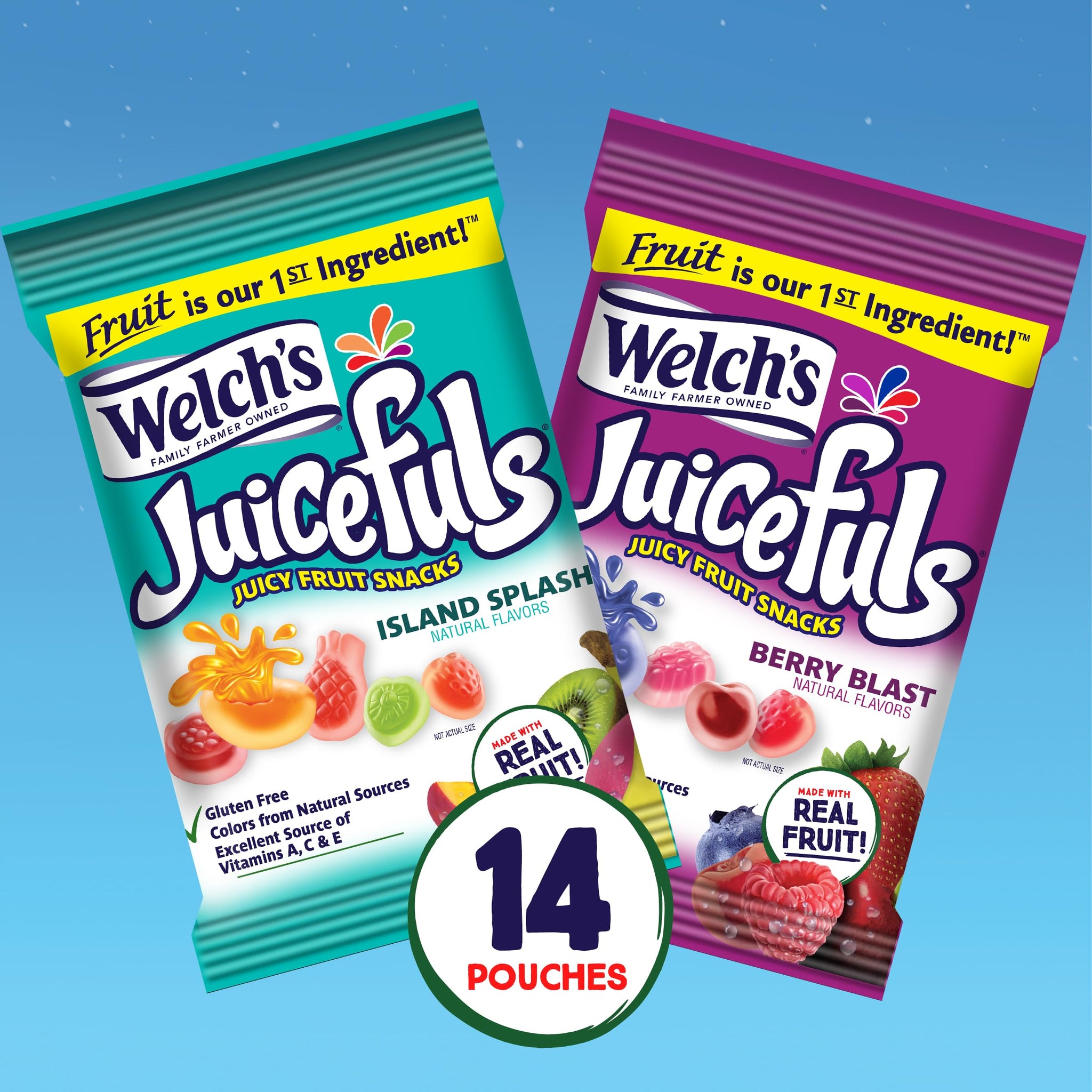 Welch's Juicefuls Juicy Fruit Snacks, Berry Blast & Island Splash, Fruit Gushers, Bulk Pack, Individual Single Serve Bags, 1 oz (Pack of 14)