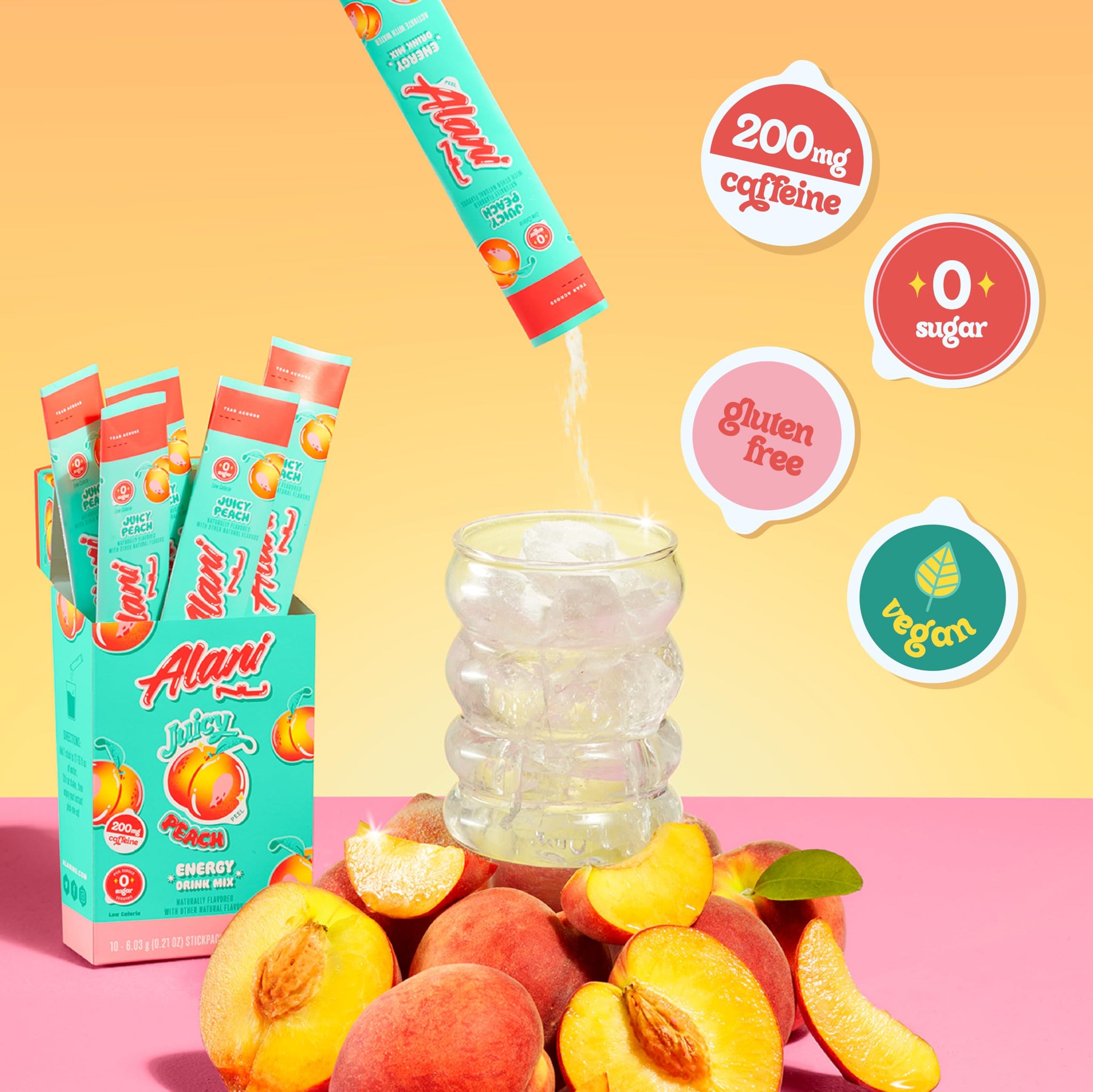 Alani Nu JUICY PEACH Energy Sticks | Energy Drink Powder | 200mg Caffeine | Pre Workout Performance with Antioxidants | On-The-Go Drink Mix | Biotin