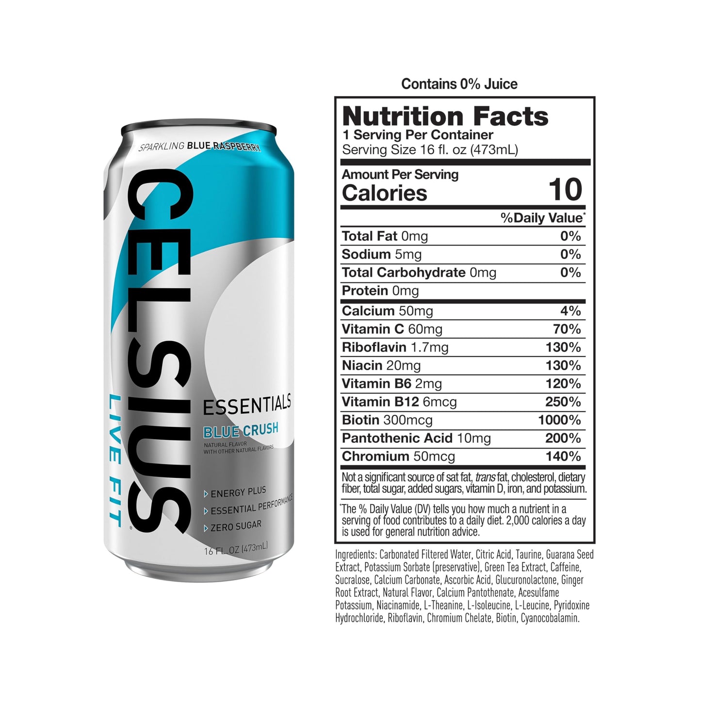 CELSIUS ESSENTIALS™ Sparkling Blue Crush, Sugar Free Performance Energy Drink, 16 Fl Oz (Pack of 12)