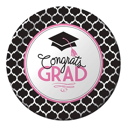 Creative Converting 18 Count Sturdy Style Paper Dinner Plates, 8.75", Glamorous Grad, Black/White/Pink