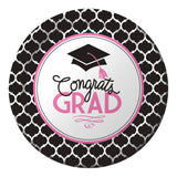 Creative Converting 18 Count Sturdy Style Paper Dinner Plates, 8.75", Glamorous Grad, Black/White/Pink