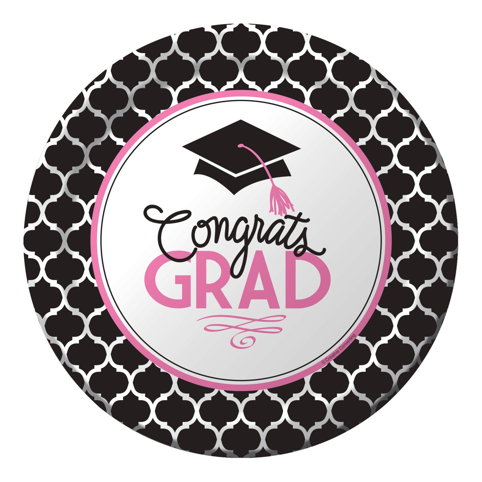 Creative Converting 18 Count Sturdy Style Paper Dinner Plates, 8.75", Glamorous Grad, Black/White/Pink