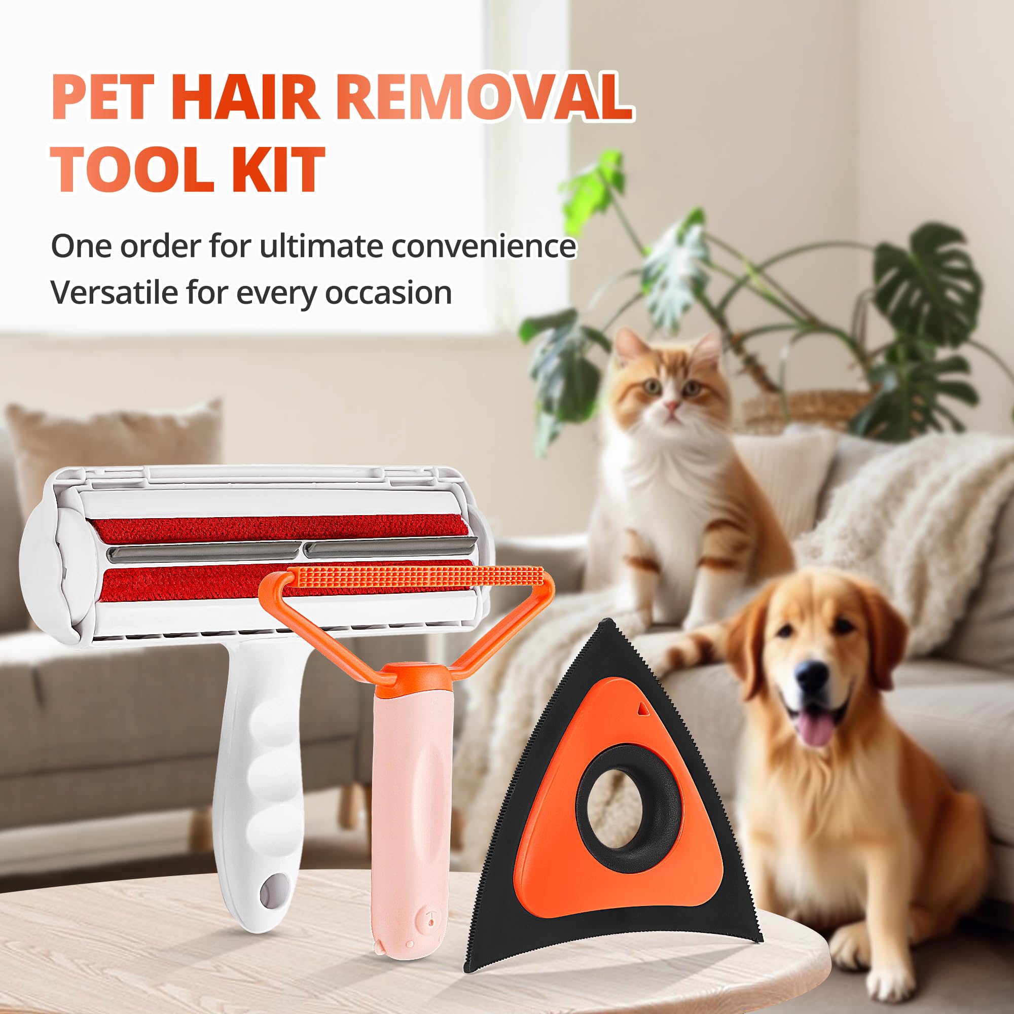 Pet Hair Removal Tool Kit,Cat and Dog Hair Remover for Couch Furniture Carpet Fur Lint with Reusable lint Roller Car Brush and Small Carpet Rake