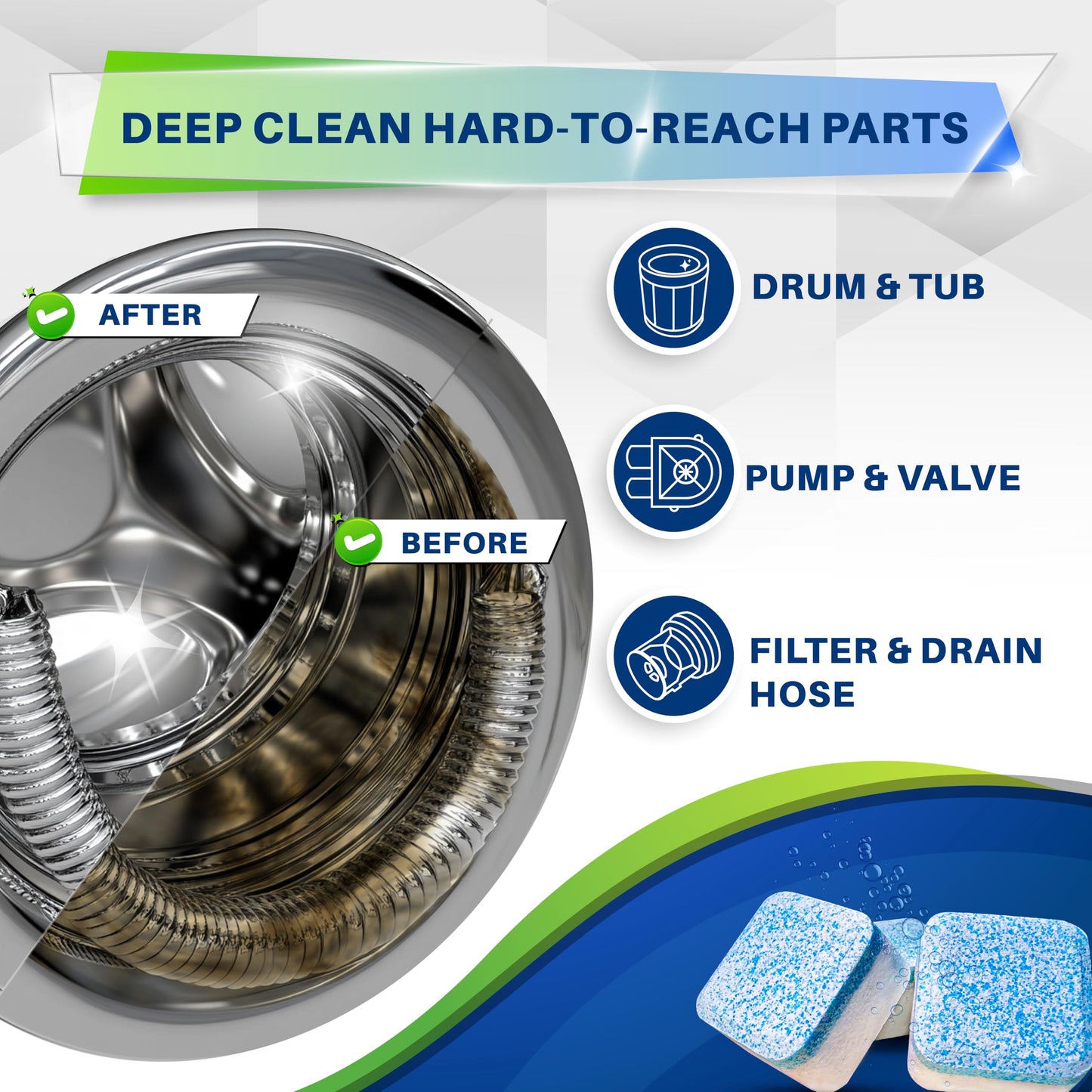 Whirl Fresh Washing Machine Cleaner Tablets, 24 Pack-Deep Cleaning Tablets for Top & Front Load HE Washer Cleaners, Descaler & Deodorizer, Septic