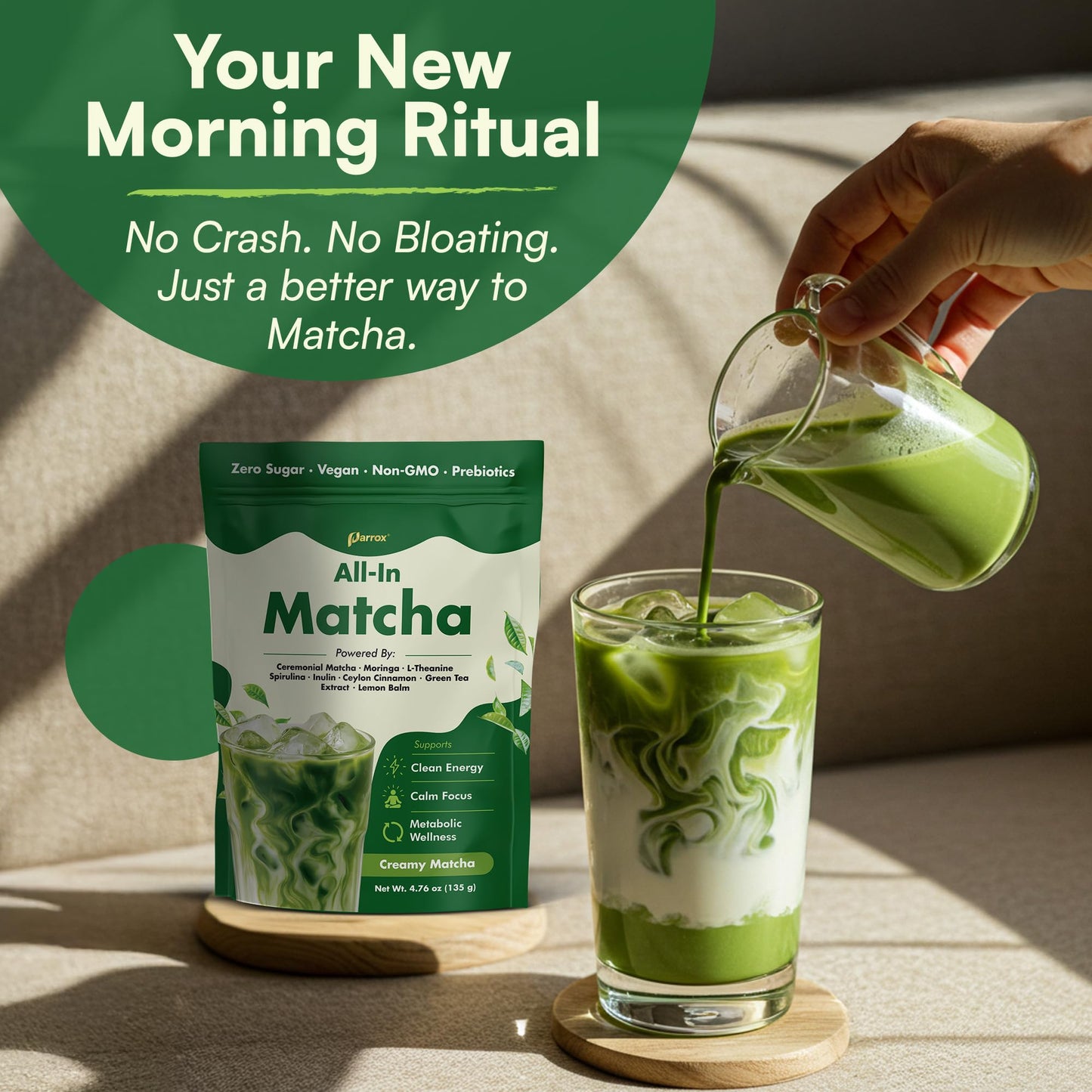 Ceremonial Grade Matcha Powder Infused with Moringa, Green Tea Extract, L-Theanine, Inulin, Spirulina, Ceylon Cinnamon, and Lemon Balm - 100% First