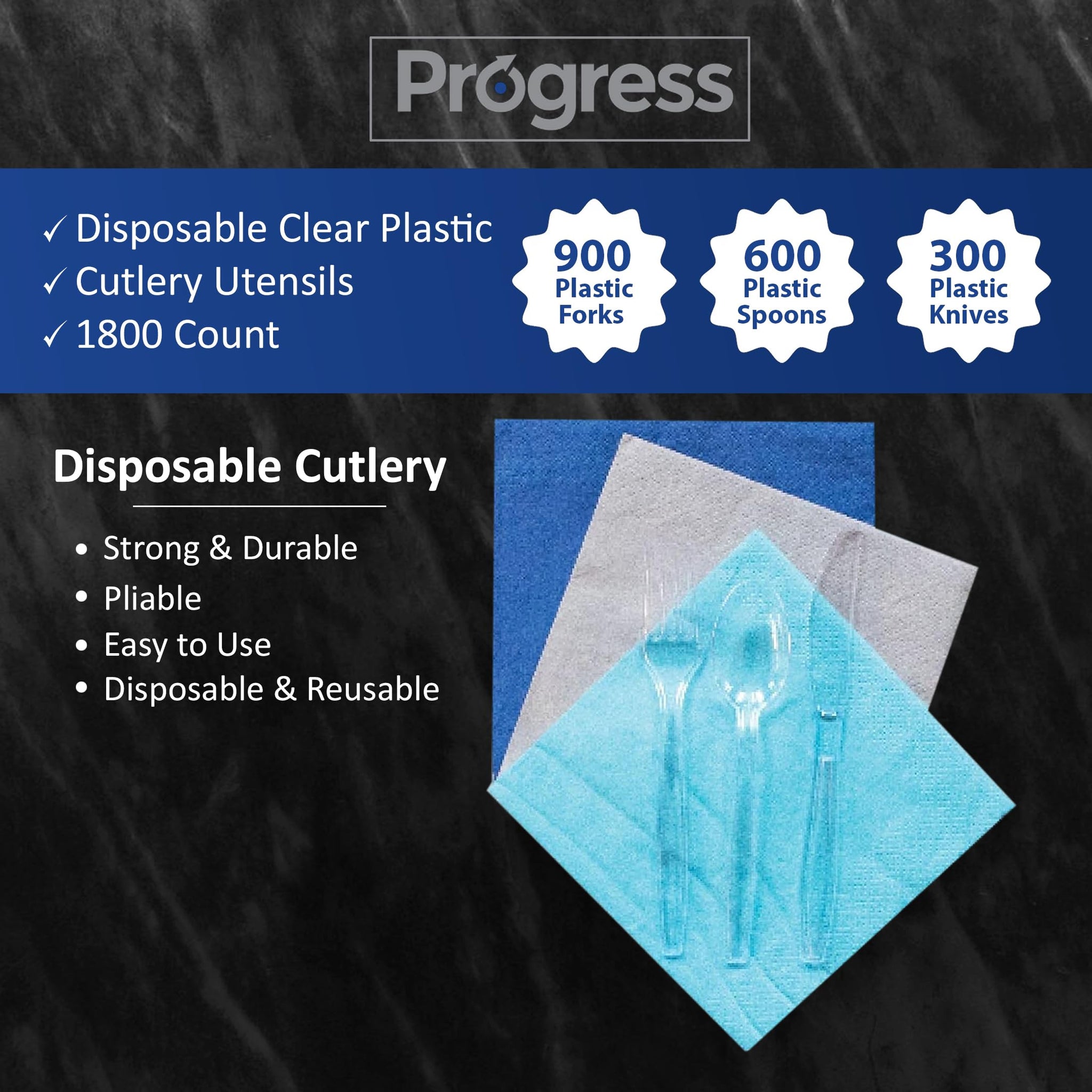 Progress Disposable Clear Plastic Cutlery Utensils - Piece Bulk Fork Spoon Knife Set - Sturdy disposable forks, spoons and knives - Strong & Perfect