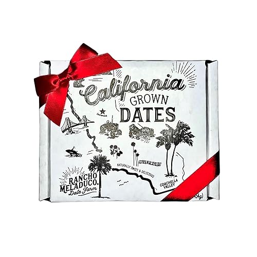 Rancho Meladuco Date Farm 1 lb. Box with Red Satin Ribbon | Contains Whole, Un-Pitted, Organic, California-Grown Medjool Dates | Fresh, Sweet