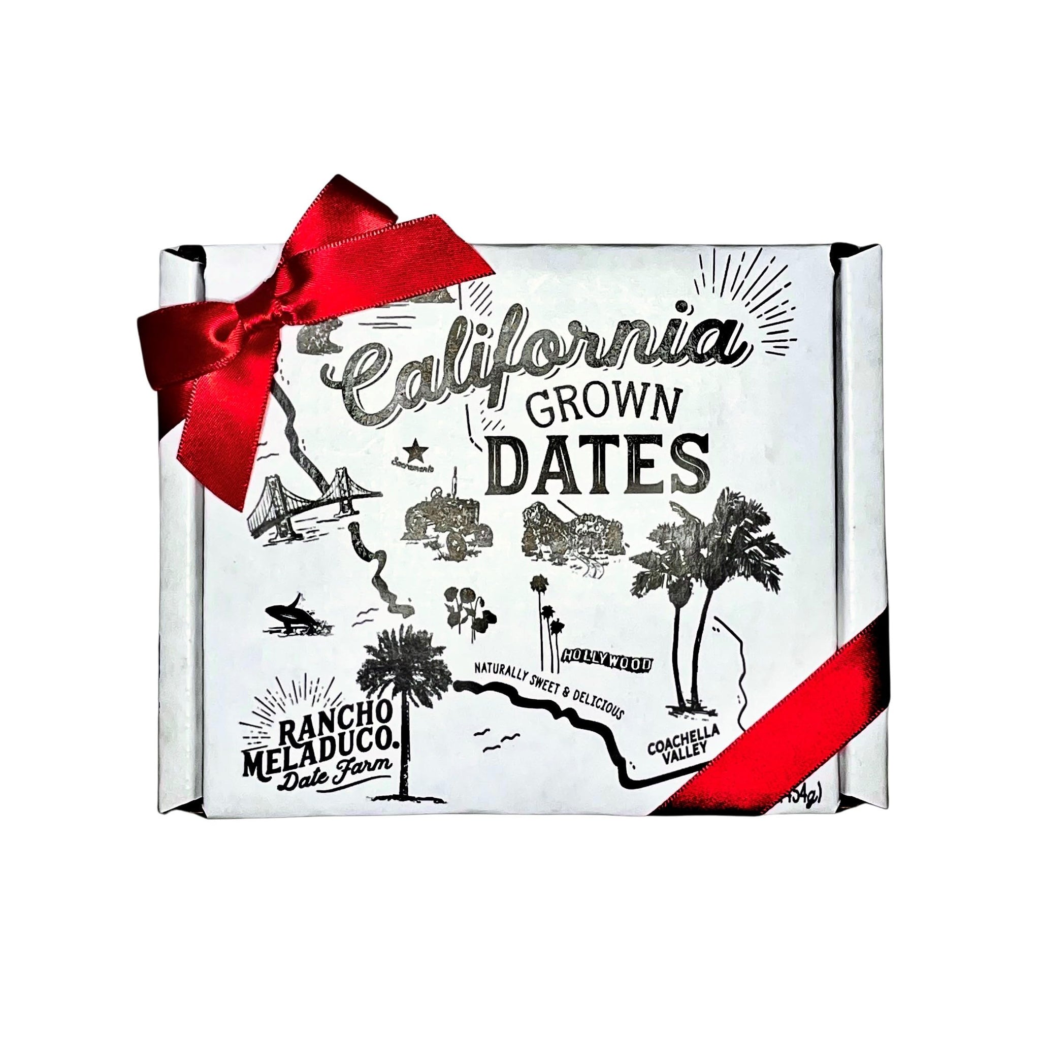 Rancho Meladuco Date Farm 1 lb. Box with Red Satin Ribbon | Contains Whole, Un-Pitted, Organic, California-Grown Medjool Dates | Fresh, Sweet