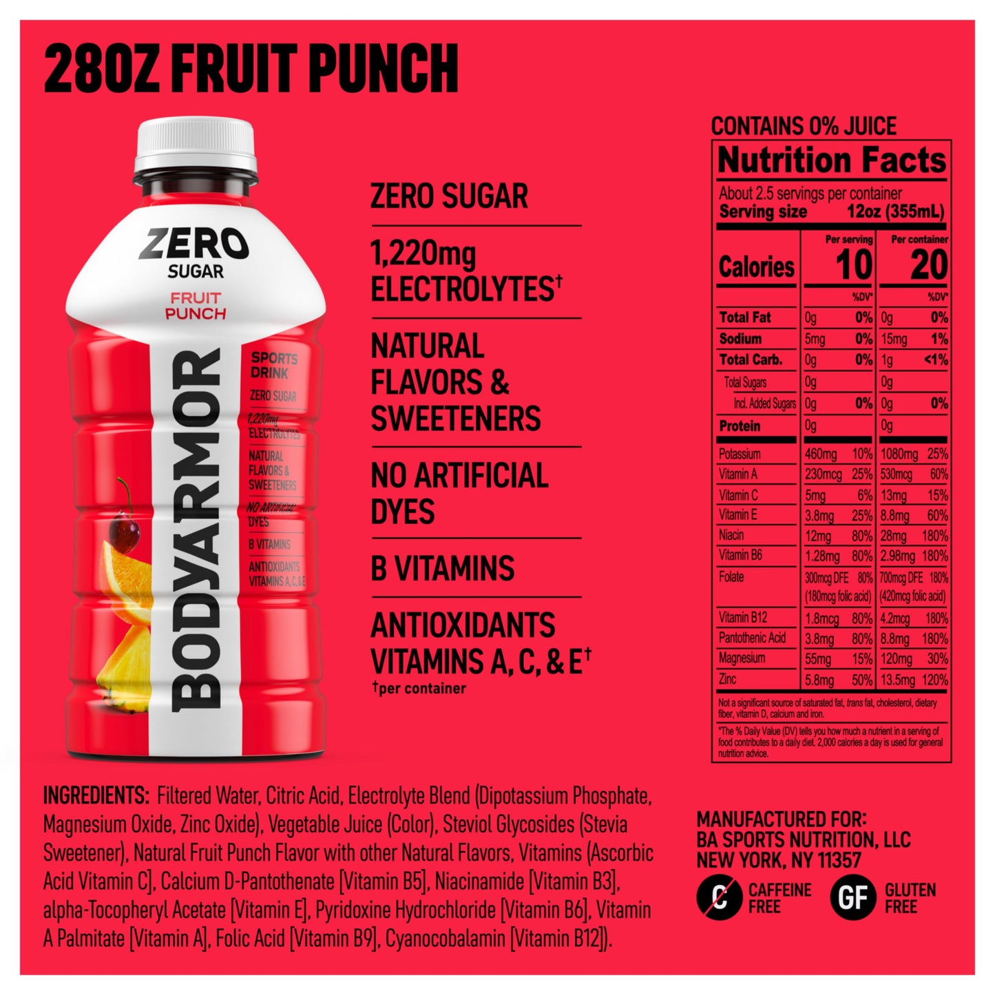 BODYARMOR ZERO Sugar Fruit Punch Electrolyte Drink, Natural Flavors, 28 Fl Oz Bottles (15 Pack), B Vitamins & Antioxidants Sugar Free Hydration