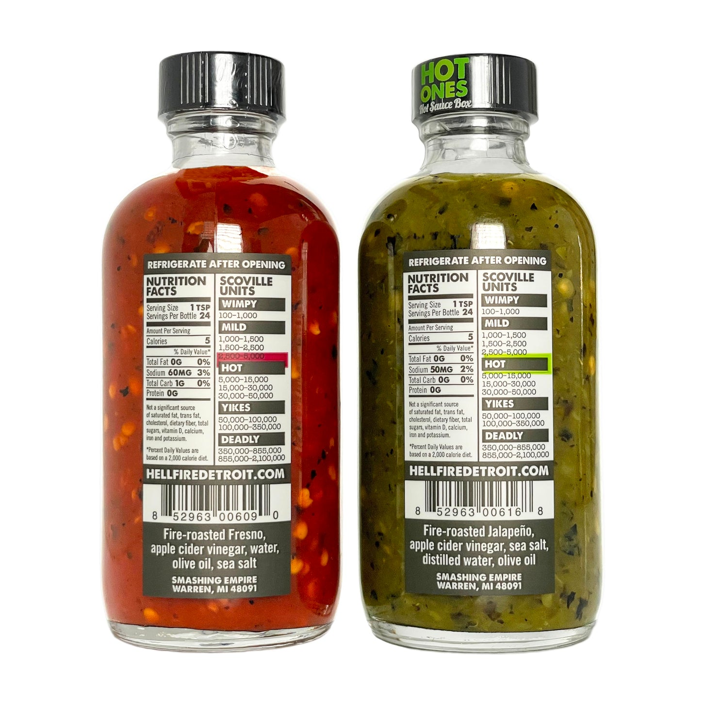 Hell Fire Detroit Fresno & Jalapeño Combo (Medium) Hot Sauce, Crafted with Fresh, Fire-Roasted Chile Peppers, All-Natural, Vegan, Gluten-Free, Low