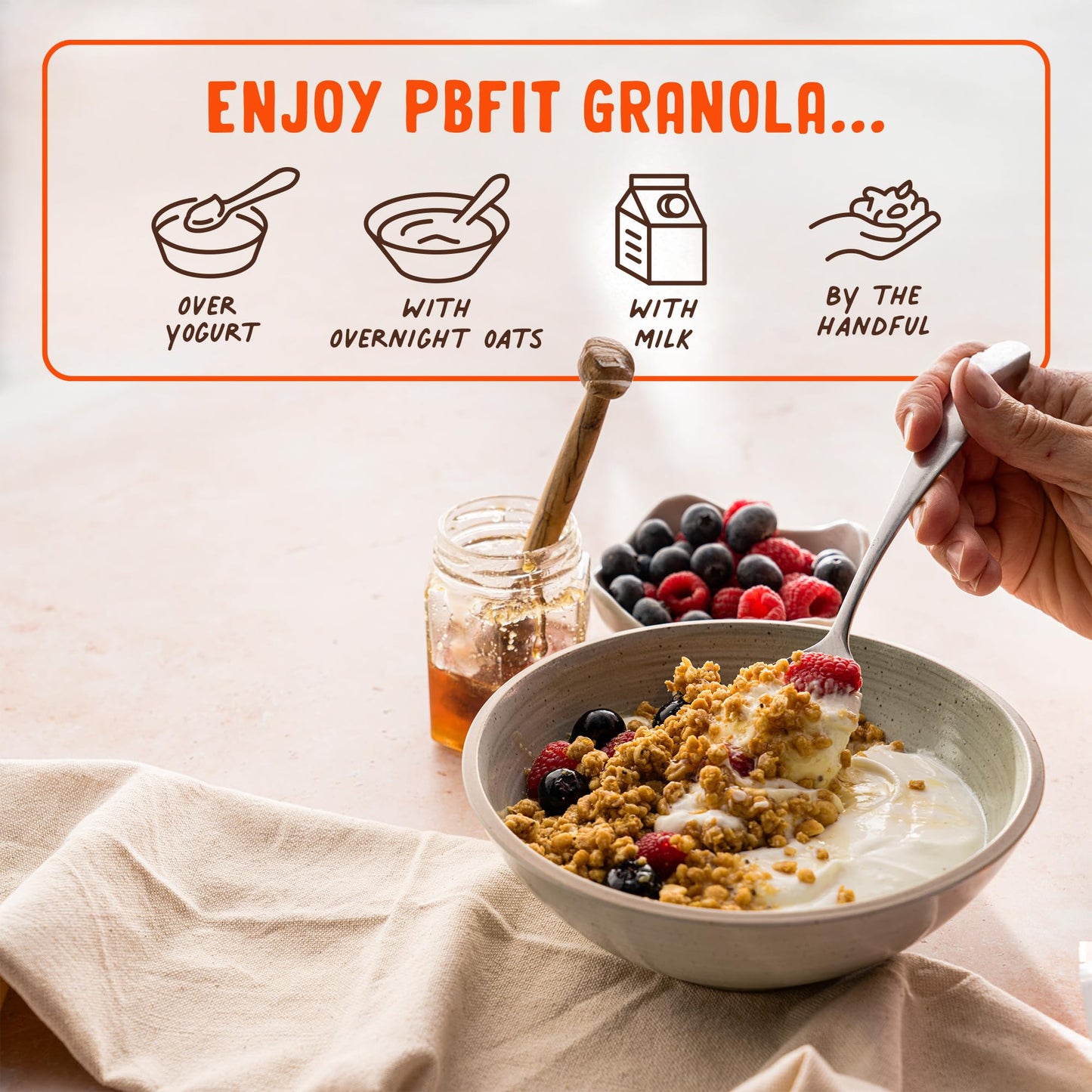 PBfit Peanut Butter Protein Granola, 15g Plant-Based Protein 22% DV, Made with Whole Grain Oats and Chia Seeds, Gluten Free, for Snacks Cereals